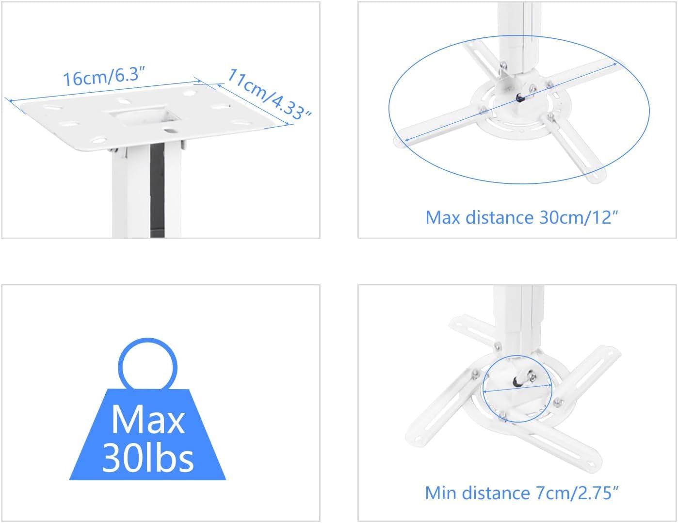 suptek White Projector Ceiling Mount Bracket Fits Flat or Sloped Ceiling Height Adjustable with Extendable Length for LCD/DLP Projectors (PR05)