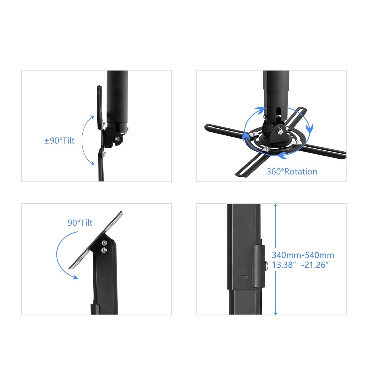suptek White Projector Ceiling Mount Bracket Fits Flat or Sloped Ceiling Height Adjustable with Extendable Length for LCD/DLP Projectors (PR05)