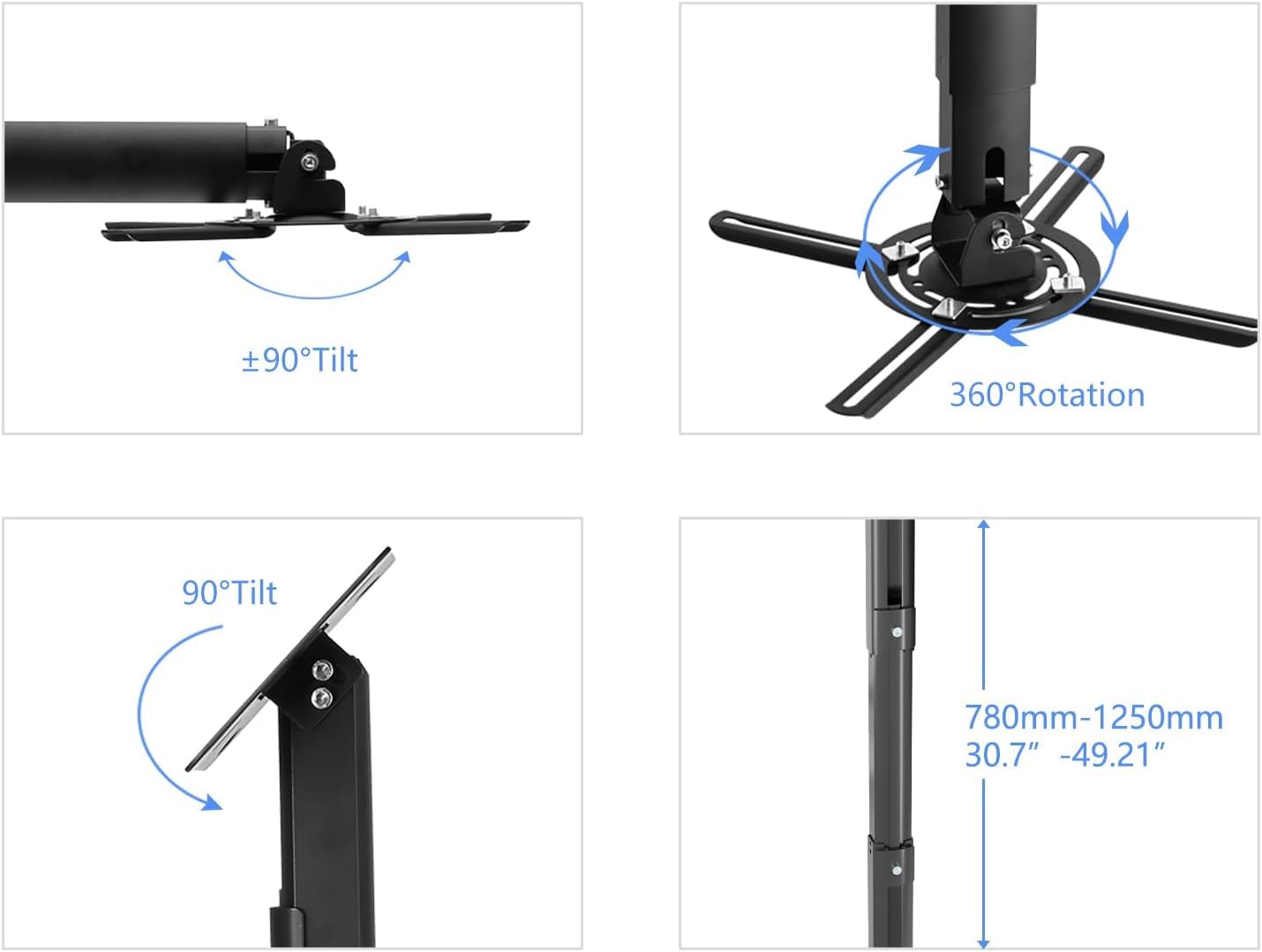suptek White Projector Ceiling Mount Bracket Fits Flat or Sloped Ceiling Height Adjustable with Extendable Length for LCD/DLP Projectors (PR05)