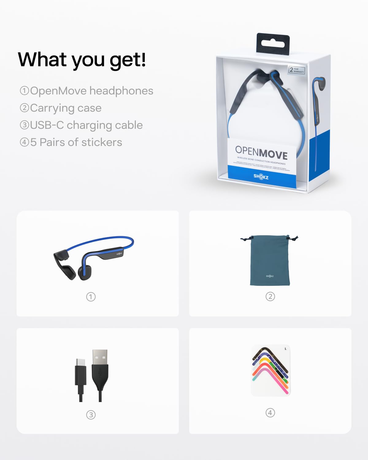 Shokz (AfterShokz) OpenMove - Open-Ear Bluetooth Sport Headphones - Bone Conduction Wireless Earphones - Sweatproof for Running and Workouts, with Sticker Pack (Grey)