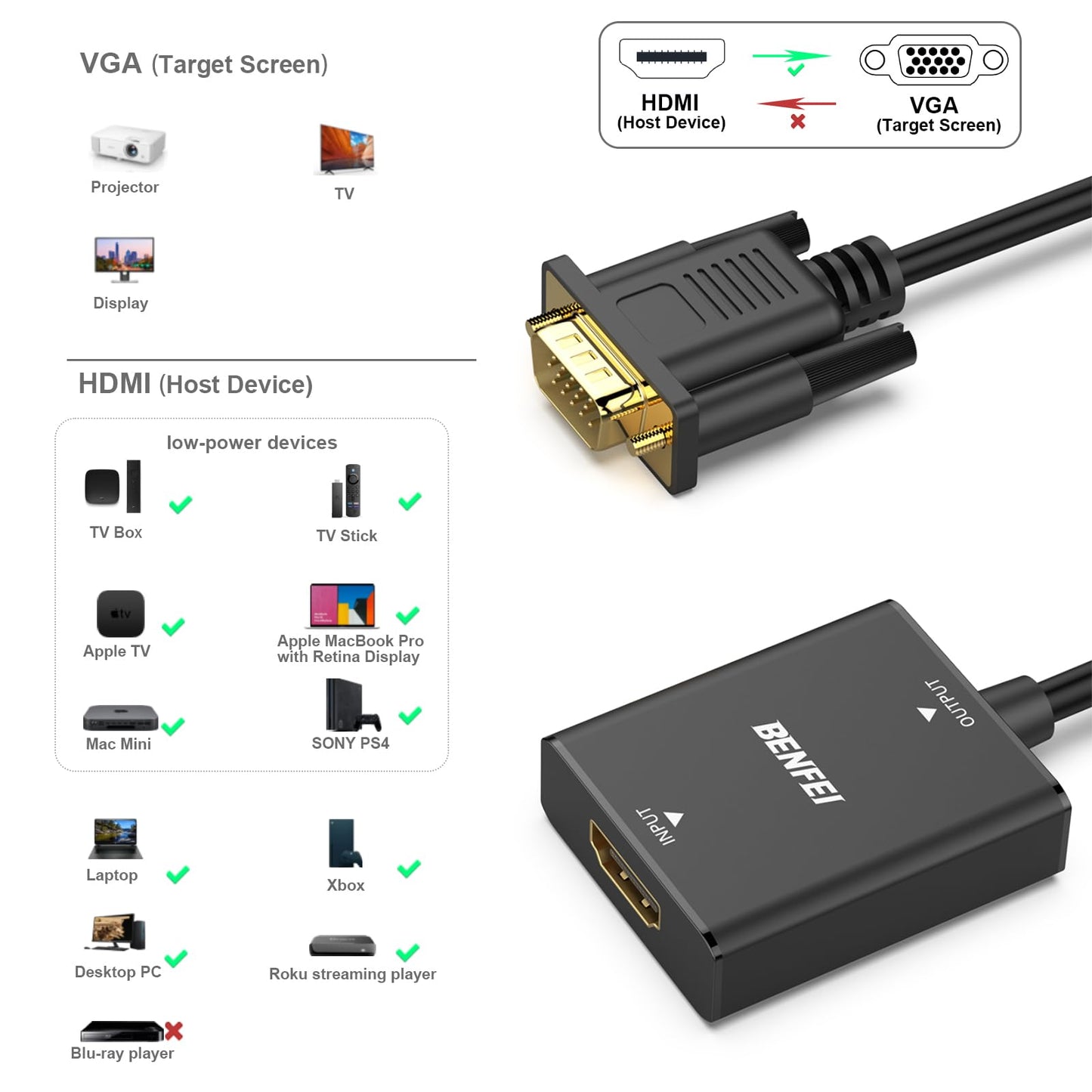 BENFEI HDMI to VGA, Uni-Directional HDMI (Source) to VGA (Display) Adapter (Female to Male) with 3.5mm Audio Jack Compatible for TV Stick, Computer, Desktop, Laptop, PC, Monitor, Projector, Roku, Xbox
