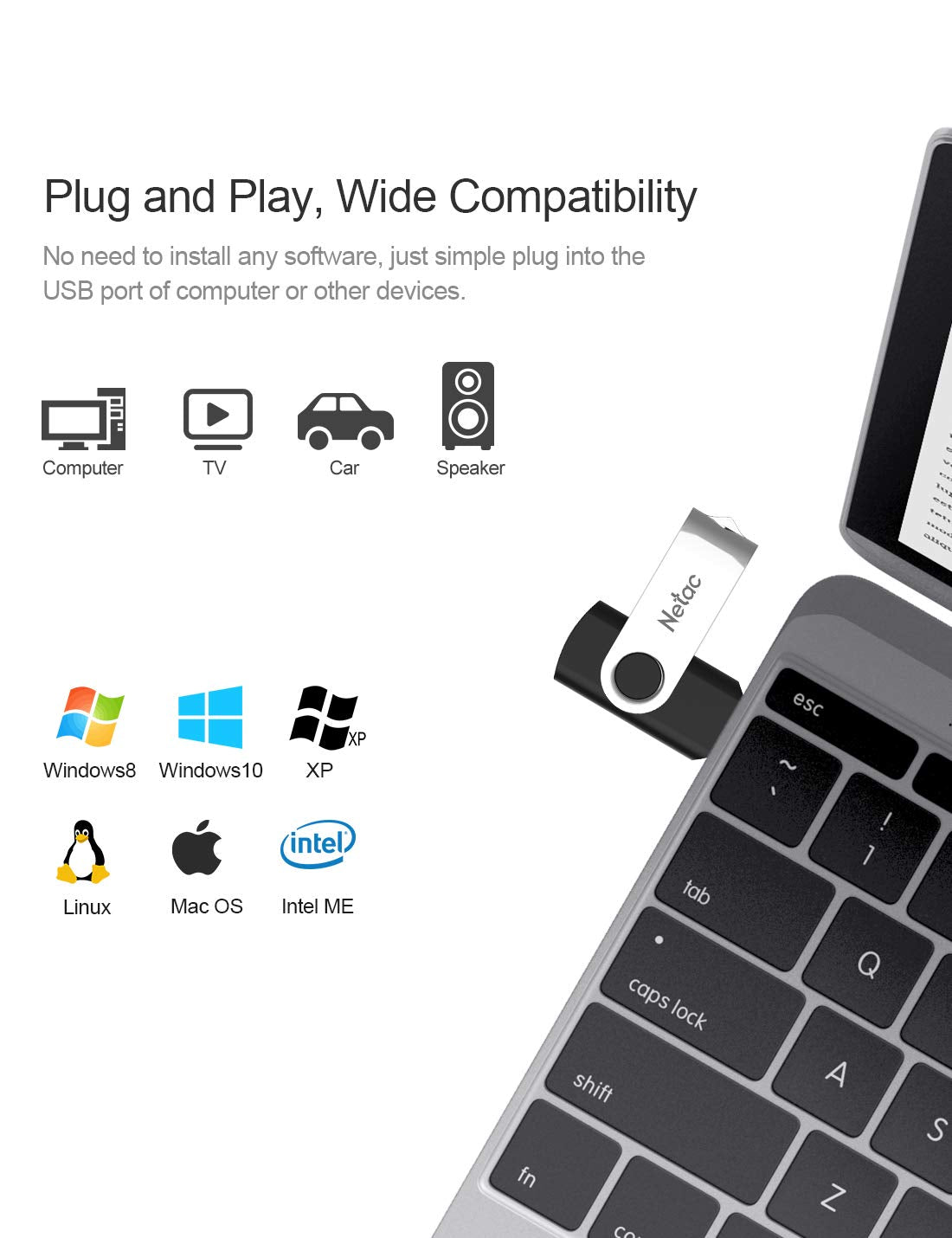 Netac 64GB USB Stick USB 3.0 Flash Drive, Up to 90MB/s, Thumb Drive for Data Storage, Pen Drive with Swivel Design, Memory Stick for External Storage Data/Computer/PC/Laptop/Sound