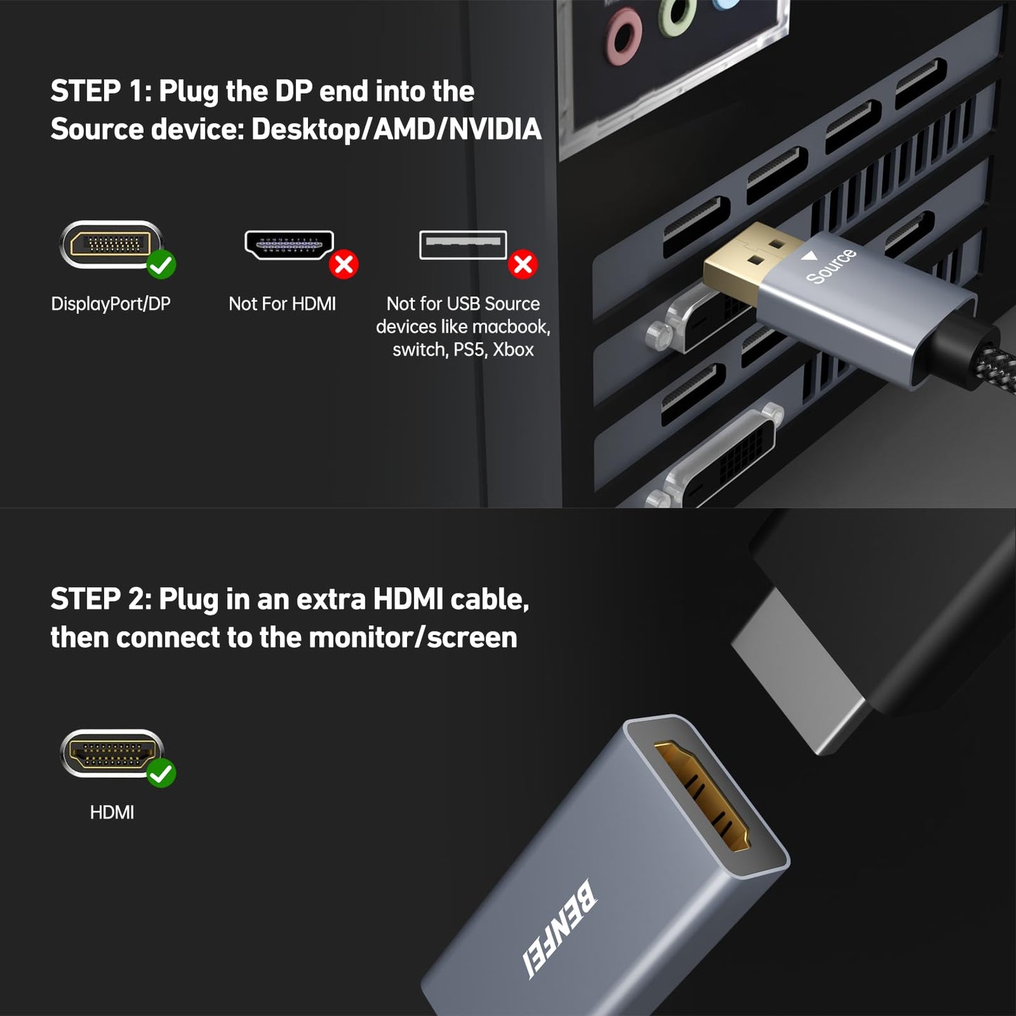BENFEI DisplayPort to HDMI, Benfei Gold-Plated DP Display Port to HDMI Adapter (Male to Female) Compatible for Lenovo Dell HP and Other Brand