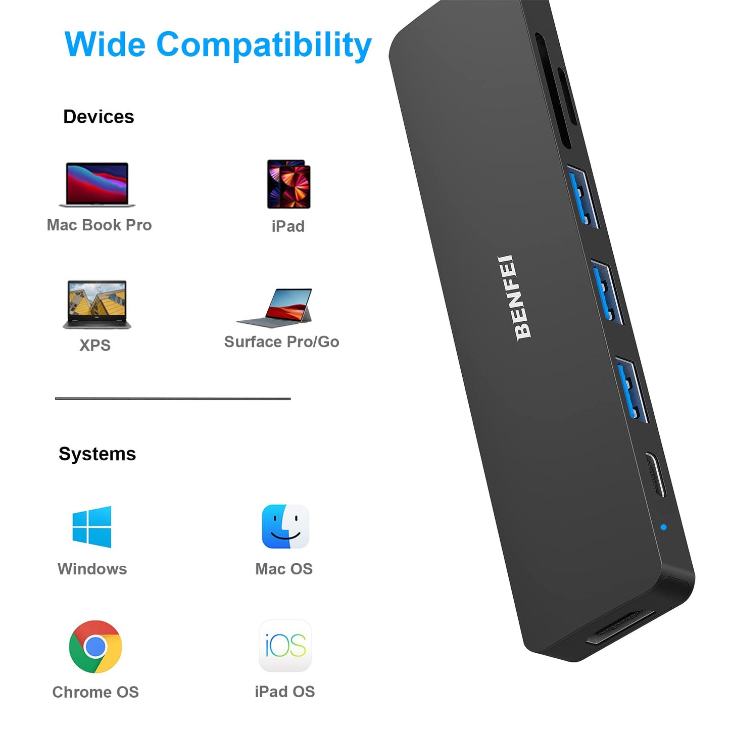 BENFEI USB C HUB 7in1, USB C HUB Multiport Adapter with USB-C to HDMI, USB-C to SD/TF Card Reader/3*USB 3.0/100W Power Delivery, Compatible with iPhone 15 Pro/Max, MacBook, iPad Pro, iMac, S23, XPS17