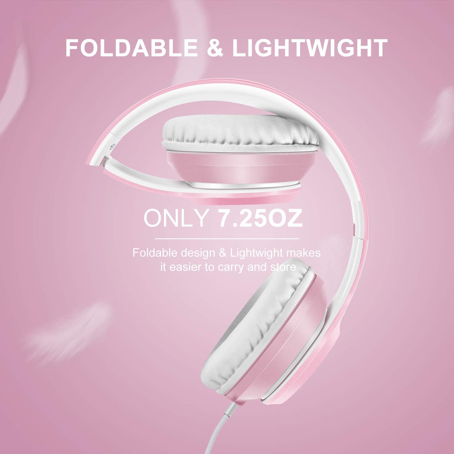 LORELEI X8 Over-Ear Wired Headphones with Microphone with 1.45m-Tangle-Free Nylon Line&3.5mm Plug,Lightweight Foldable & Portable Headphones for Smartphone,Tablet,Computer,Mp3/4(Pearl Pink)