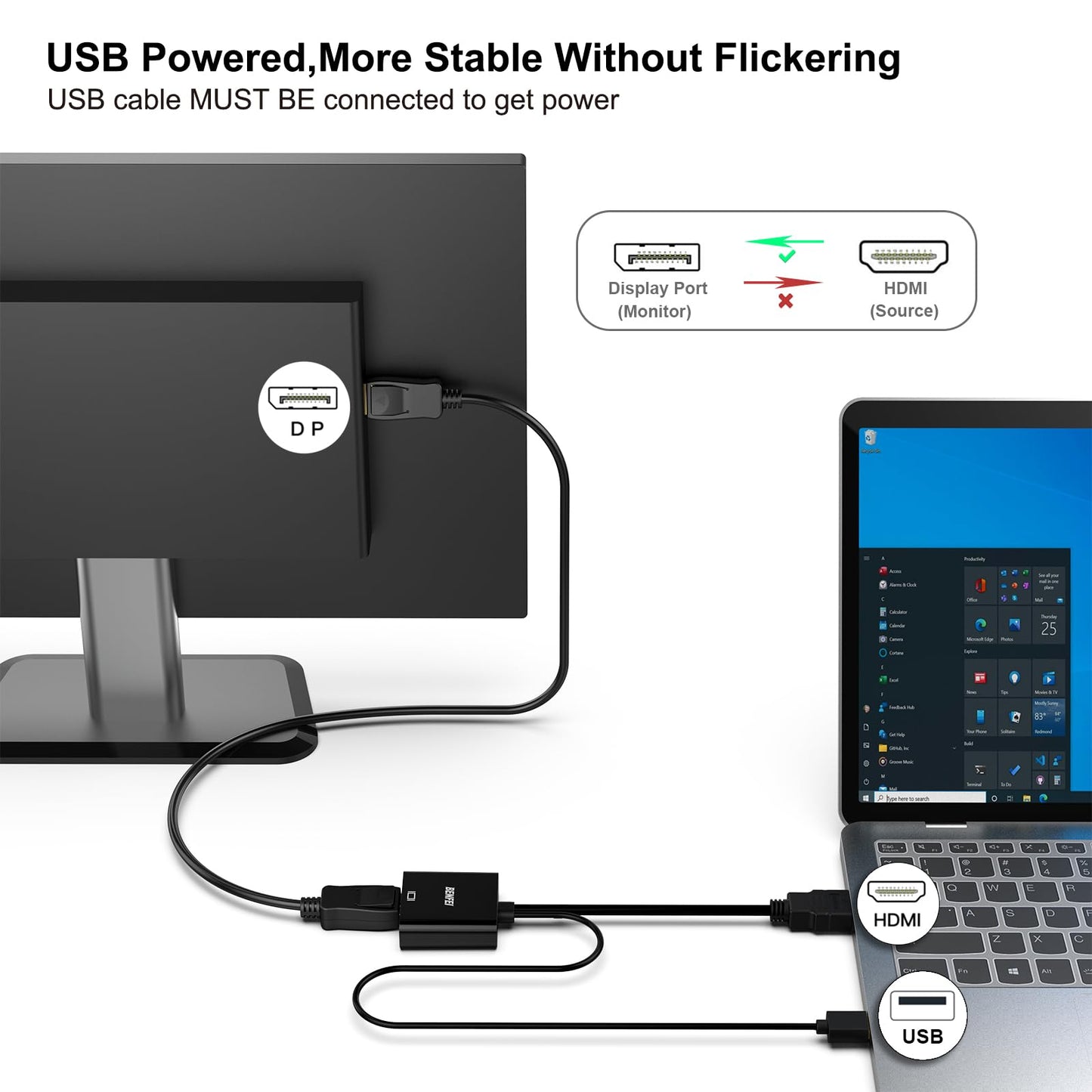 BENFEI HDMI to DisplayPort, Uni-Directional HDMI Computer to DisplayPort Monitor Adapter 4K@60Hz/2K@144Hz/1080P@165Hz Compatible with Laptop, Xbox 360 One, PS4 PS3 Device