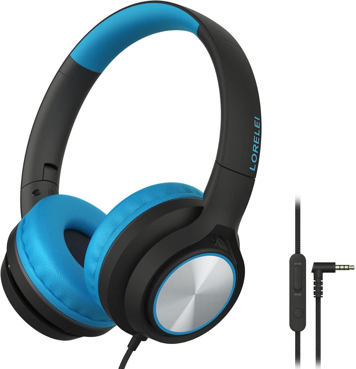 LORELEI E7 Kids Headphones with Microphone, Safe Volume Limiter 85/94dB, Foldable Stereo Tangle-Free On-Ear Wired Headphones for Toddlers/Boys/Girls/School/iPad/Laptop/Travel (Black&Blue)