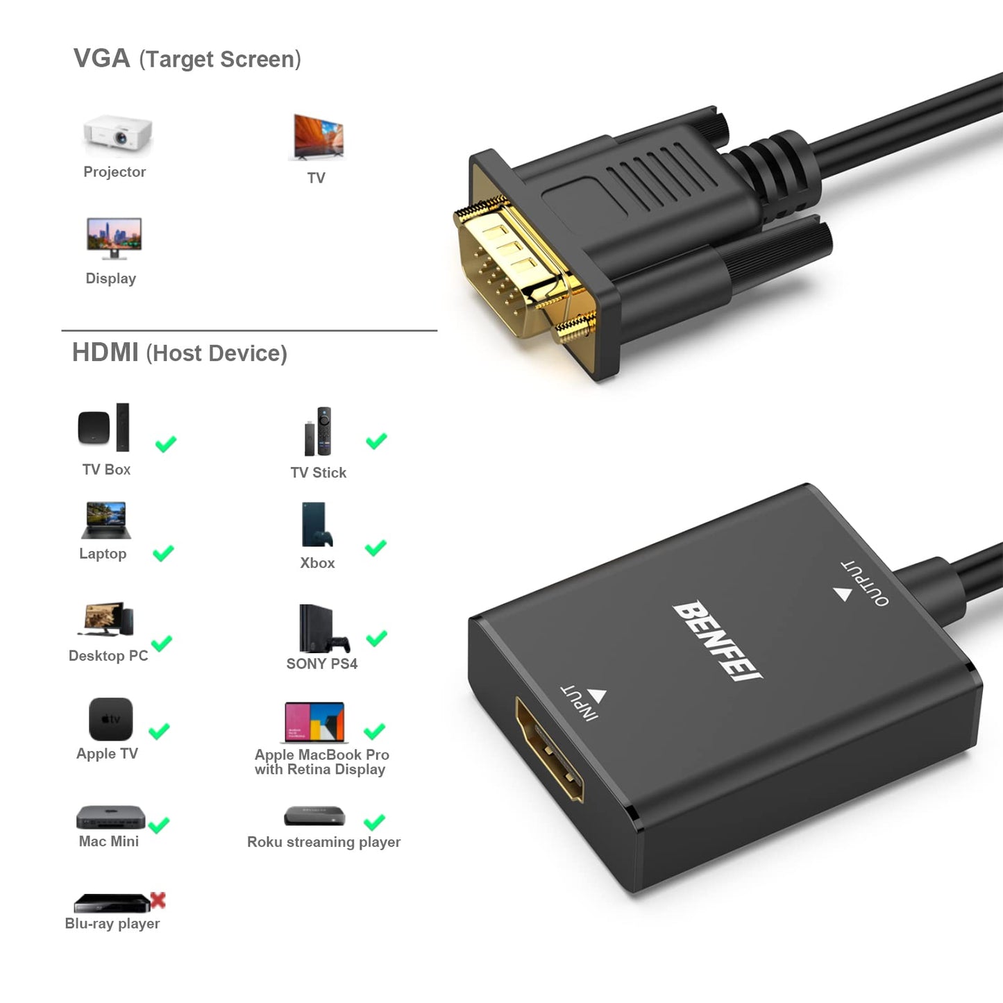 BENFEI HDMI to VGA, Uni-Directional HDMI (Source) to VGA (Display) Adapter (Female to Male) with 3.5mm Audio Jack Compatible for TV Stick, Computer, Desktop, Laptop, PC, Monitor, Projector, Roku, Xbox