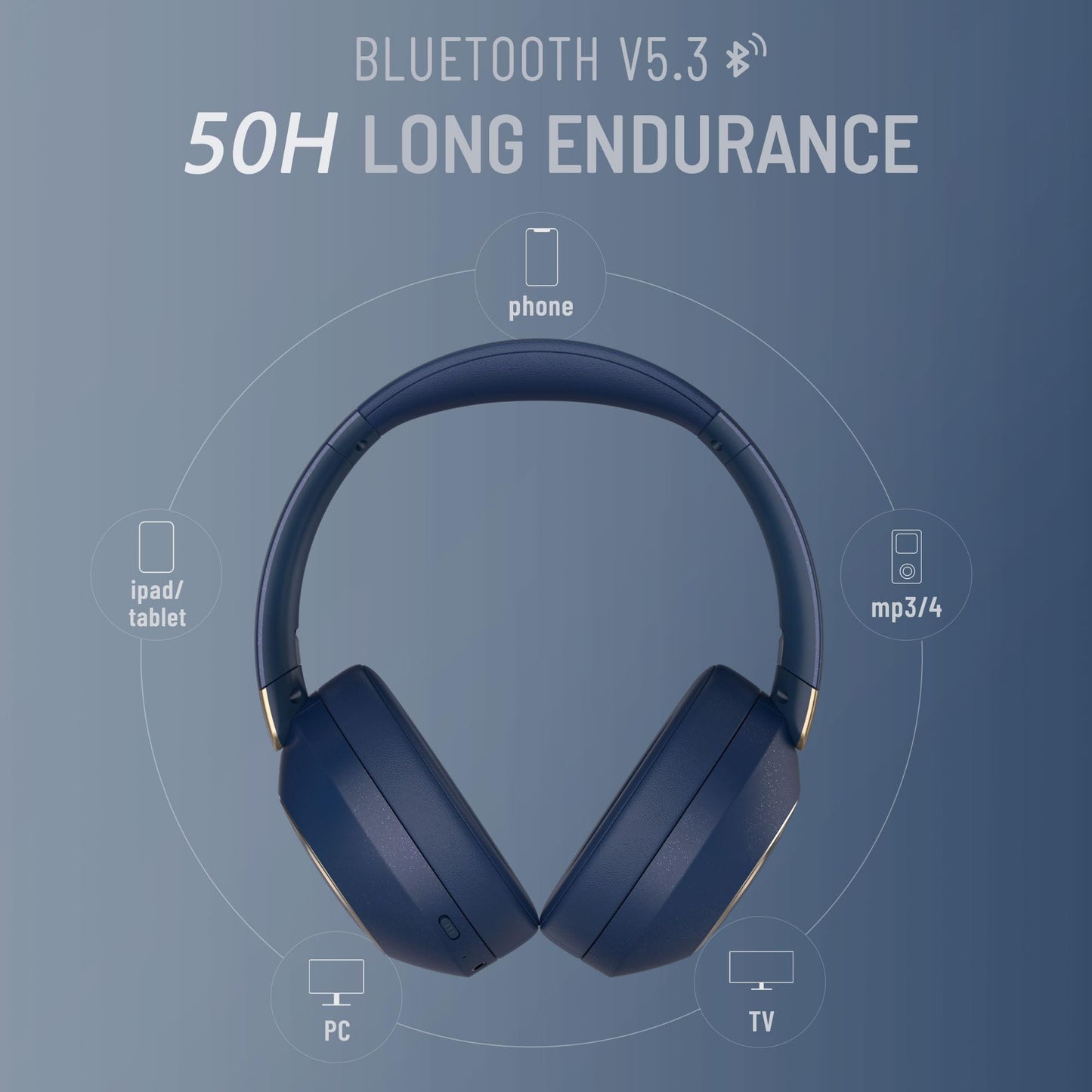 LORELEI B-C6 Wireless Over Ear Headphones, 50H Playtime Foldable Lightweight Bluetooth Headsets, Deep Bass, Built-in Microphone, Memory Foam Earmuff, for Travel, Home Office (Beige White)