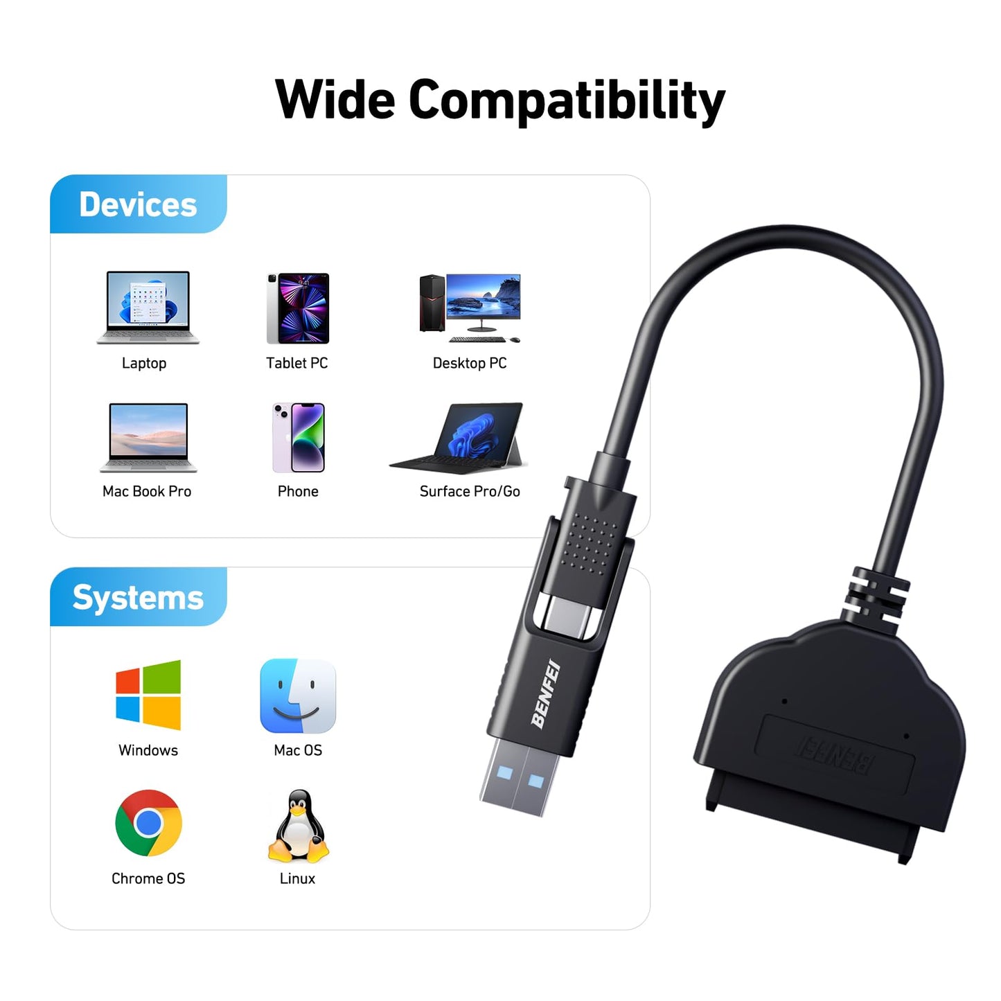 BENFEI SATA to USB Cable, BENFEI USB 3.0 to SATA III Hard Driver Adapter Compatible for 2.5 inch HDD and SSD