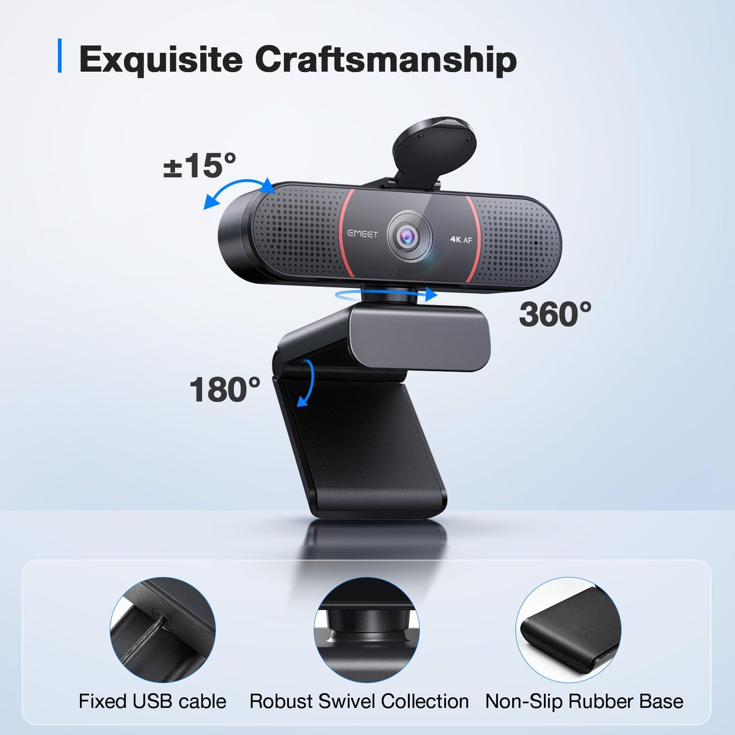 EMEET C960 4K Webcam for PC, PDAF Autofocus, Dual AI Noise-Canceling Mics, 73° FOV, Auto Light Adjustment, UHD Sensor, Plug-and-Play, Privacy Webcam Cover, Compatible with Zoom/Teams/YouTube