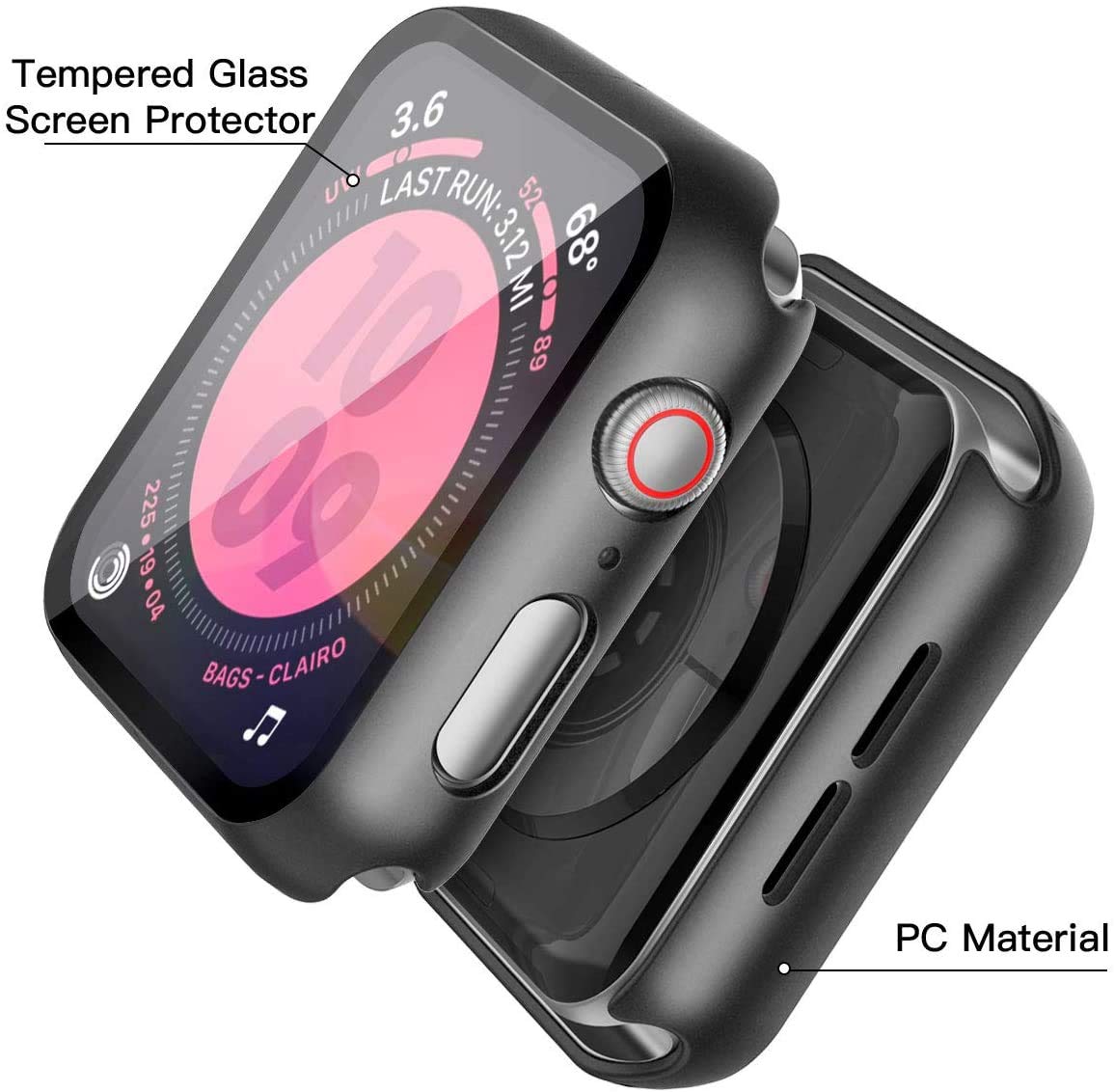 2Pack Black Hard Case (Apple Watch SE 2 (2024) SE Series 6 Series 5 Series 4)with HD Tempered Glass Screen Protector