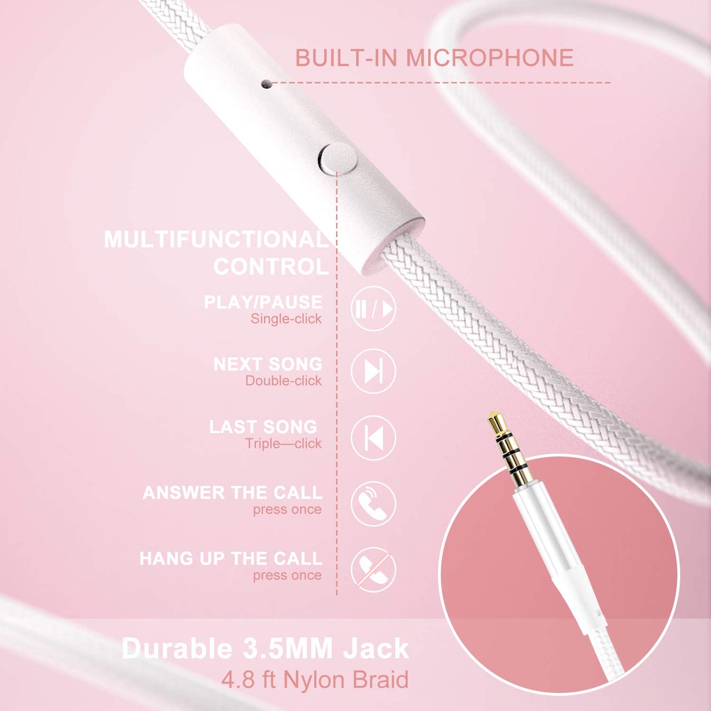 LORELEI X8 Over-Ear Wired Headphones with Microphone with 1.45m-Tangle-Free Nylon Line&3.5mm Plug,Lightweight Foldable & Portable Headphones for Smartphone,Tablet,Computer,Mp3/4(Pearl Pink)