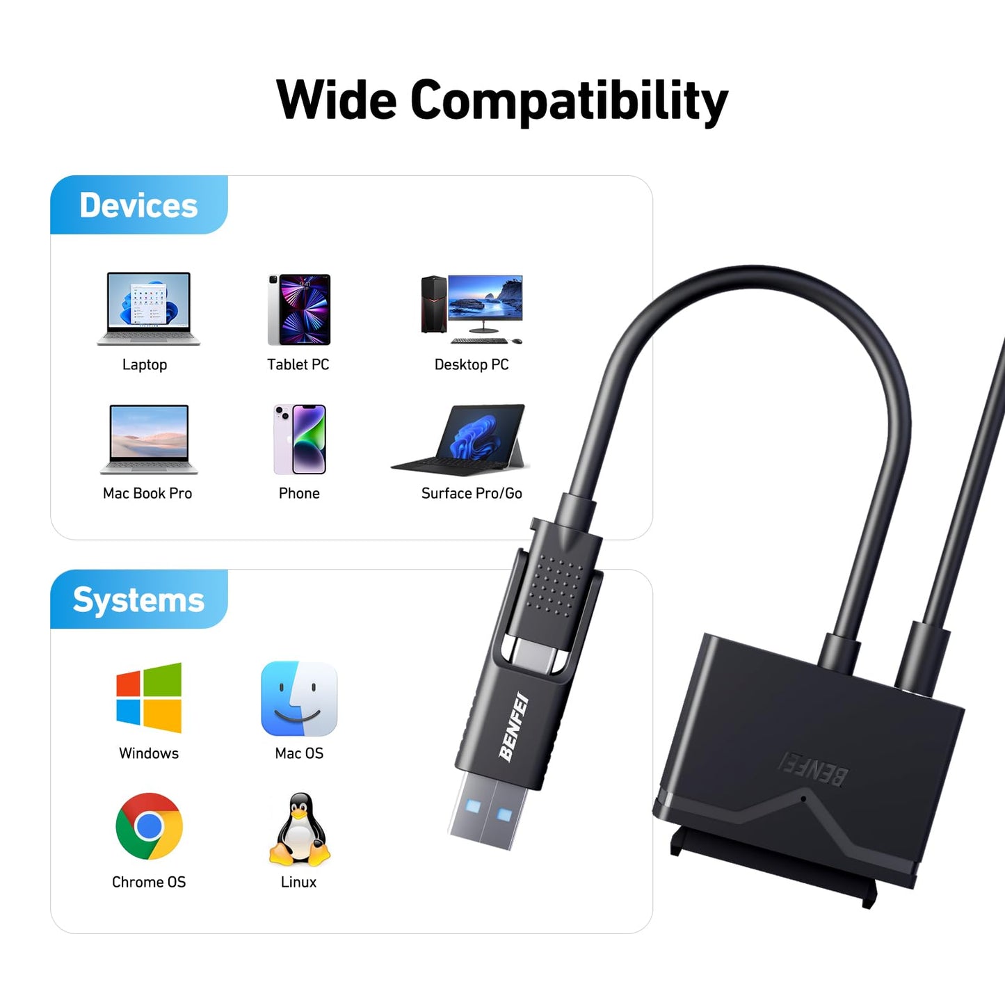BENFEI SATA to USB Cable, BENFEI USB 3.0 to SATA III Hard Driver Adapter Compatible for 2.5 inch HDD and SSD