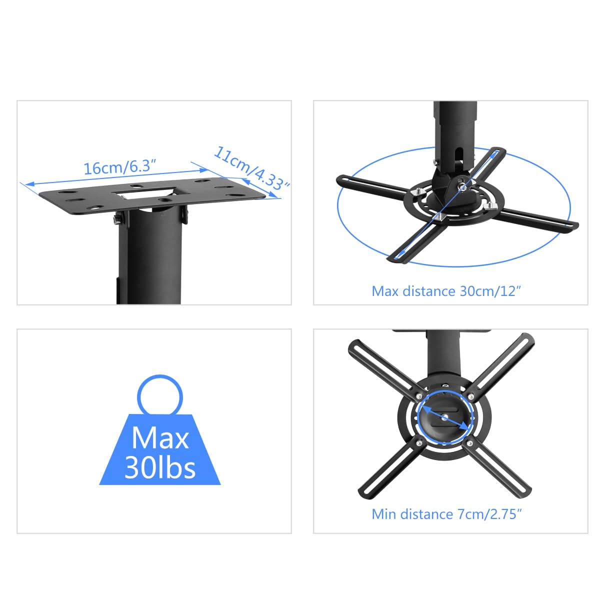 suptek White Projector Ceiling Mount Bracket Fits Flat or Sloped Ceiling Height Adjustable with Extendable Length for LCD/DLP Projectors (PR05)
