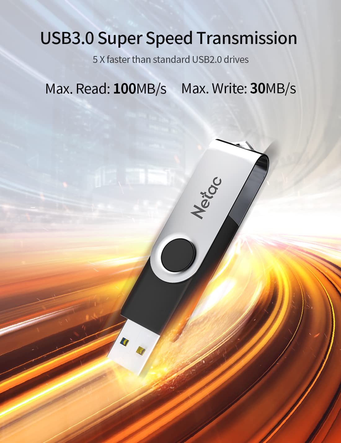 Netac 64GB USB Stick USB 3.0 Flash Drive, Up to 90MB/s, Thumb Drive for Data Storage, Pen Drive with Swivel Design, Memory Stick for External Storage Data/Computer/PC/Laptop/Sound