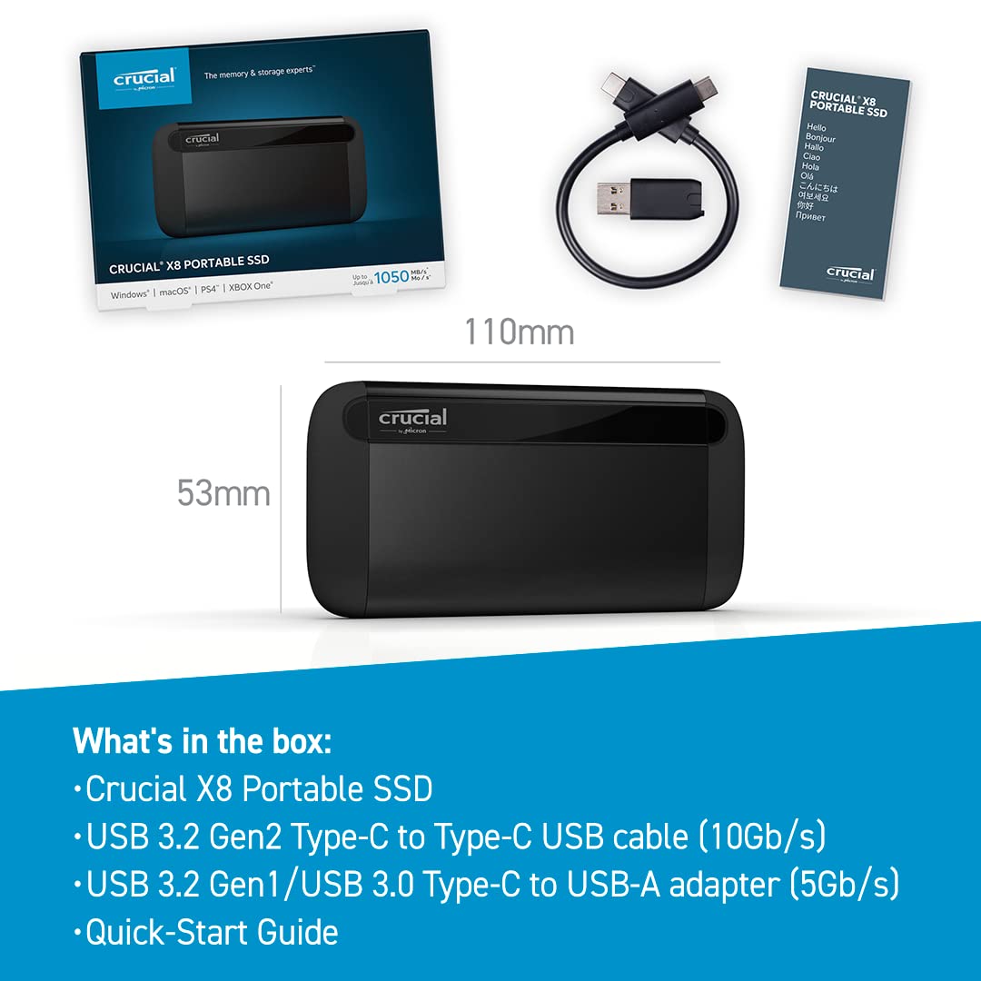 Crucial X9 1TB Portable SSD, Up to 1050MB/s, USB 3.2 USB-C, External Solid State Drive, Compatible with Windows, Mac, & Android, Reliable Storage for Games, Files, & Backups, Black - CT1000X9SSD902