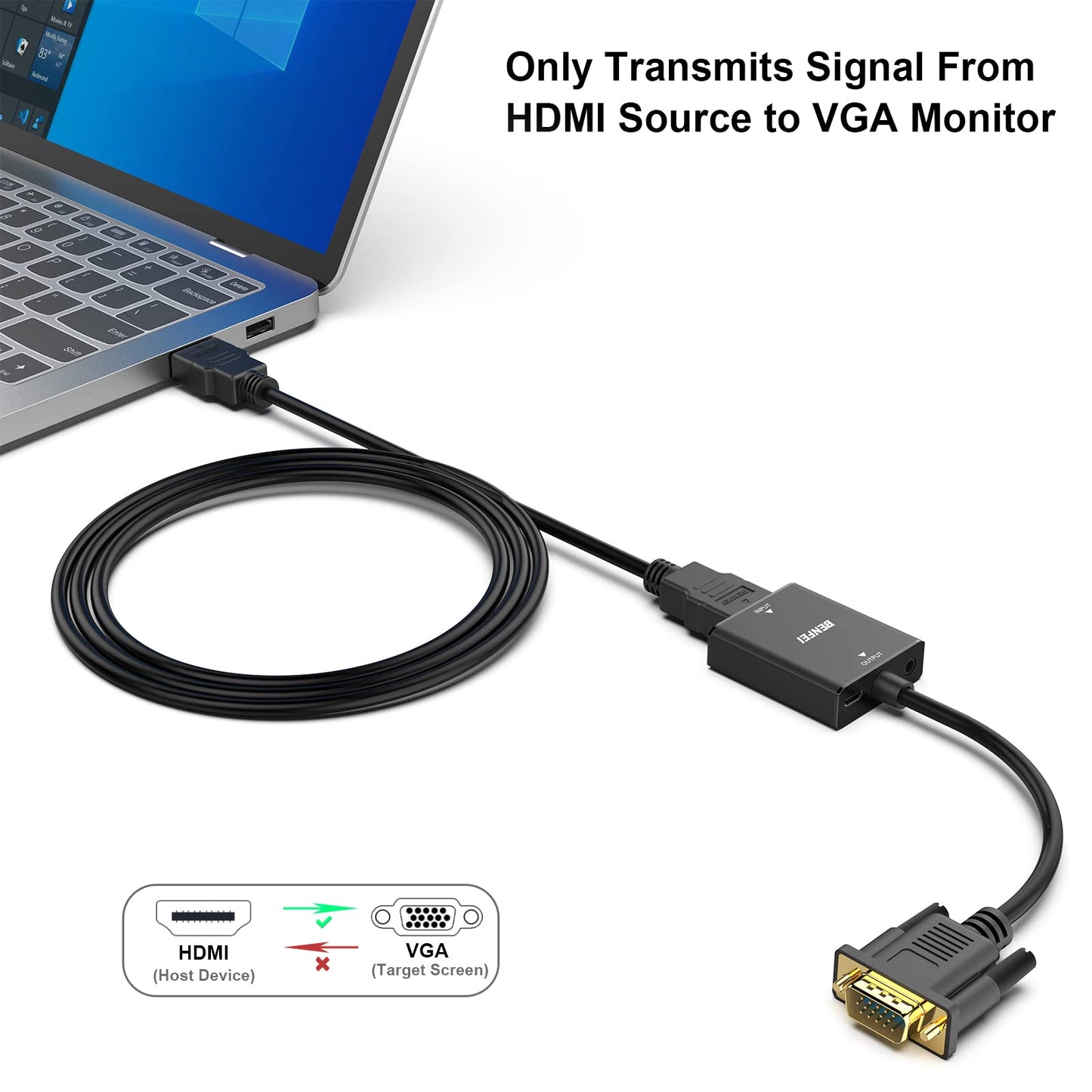 BENFEI HDMI to VGA, Uni-Directional HDMI (Source) to VGA (Display) Adapter (Female to Male) with 3.5mm Audio Jack Compatible for TV Stick, Computer, Desktop, Laptop, PC, Monitor, Projector, Roku, Xbox