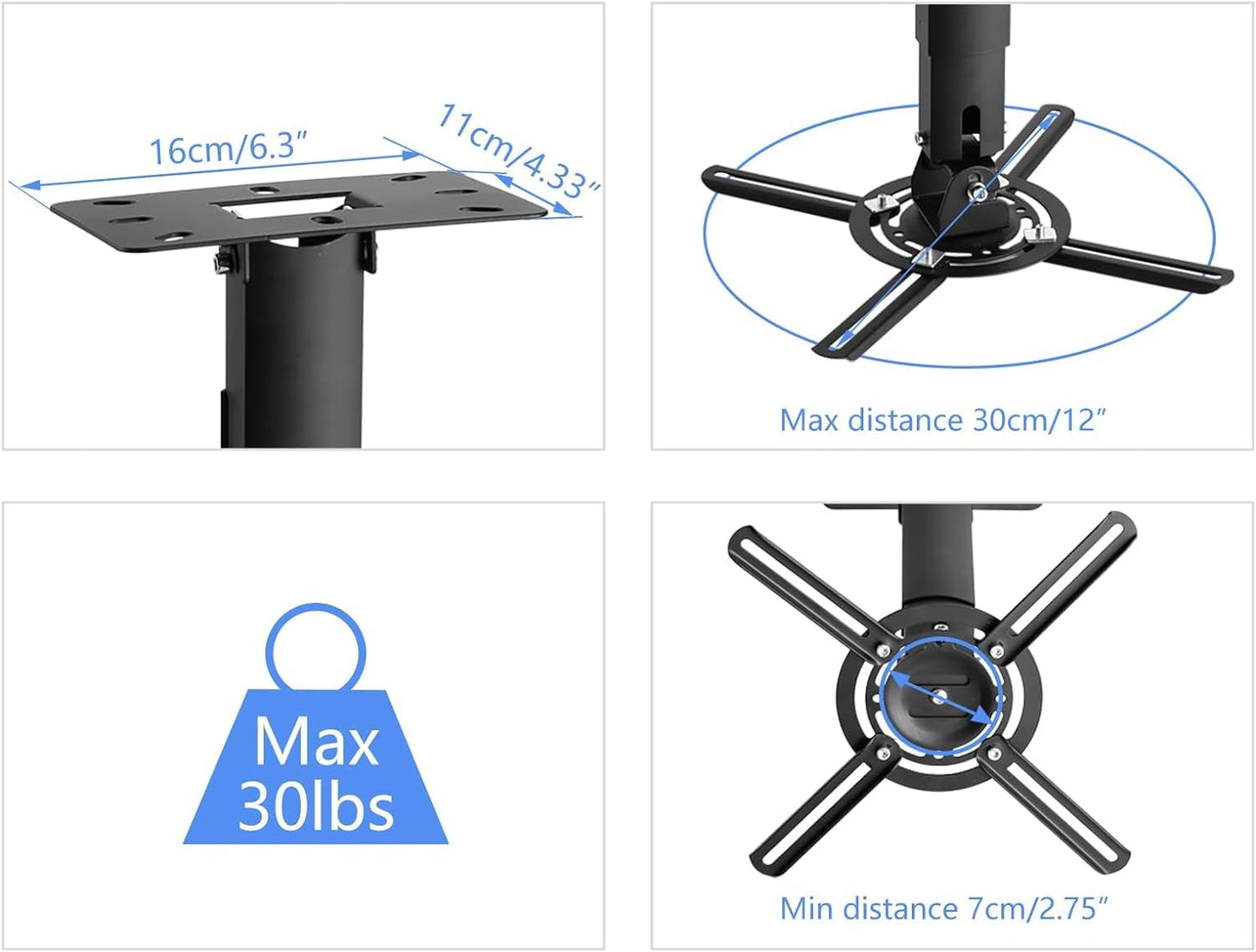 suptek White Projector Ceiling Mount Bracket Fits Flat or Sloped Ceiling Height Adjustable with Extendable Length for LCD/DLP Projectors (PR05)