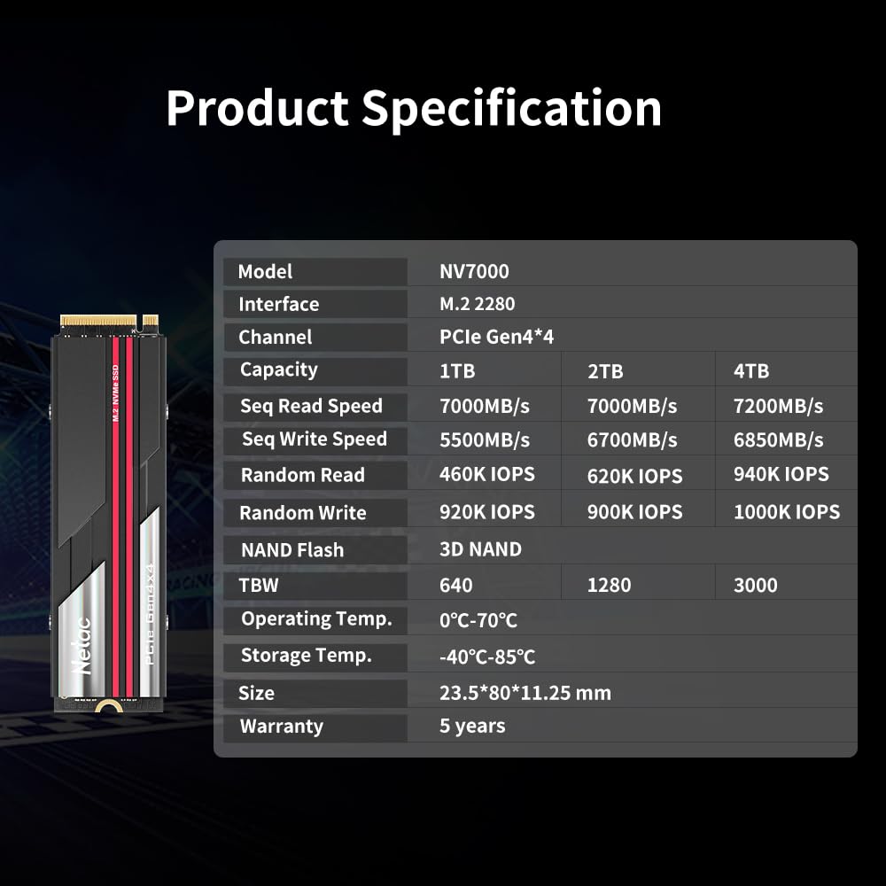 Netac 4TB PCIe Gen4x4 M.2 2280 SSD with Heatsink Up to 7200 MB/s Internal Gaming SSD High-Performance Storage for PCs Desktop Works with PS5, Easy to Install- NV7000