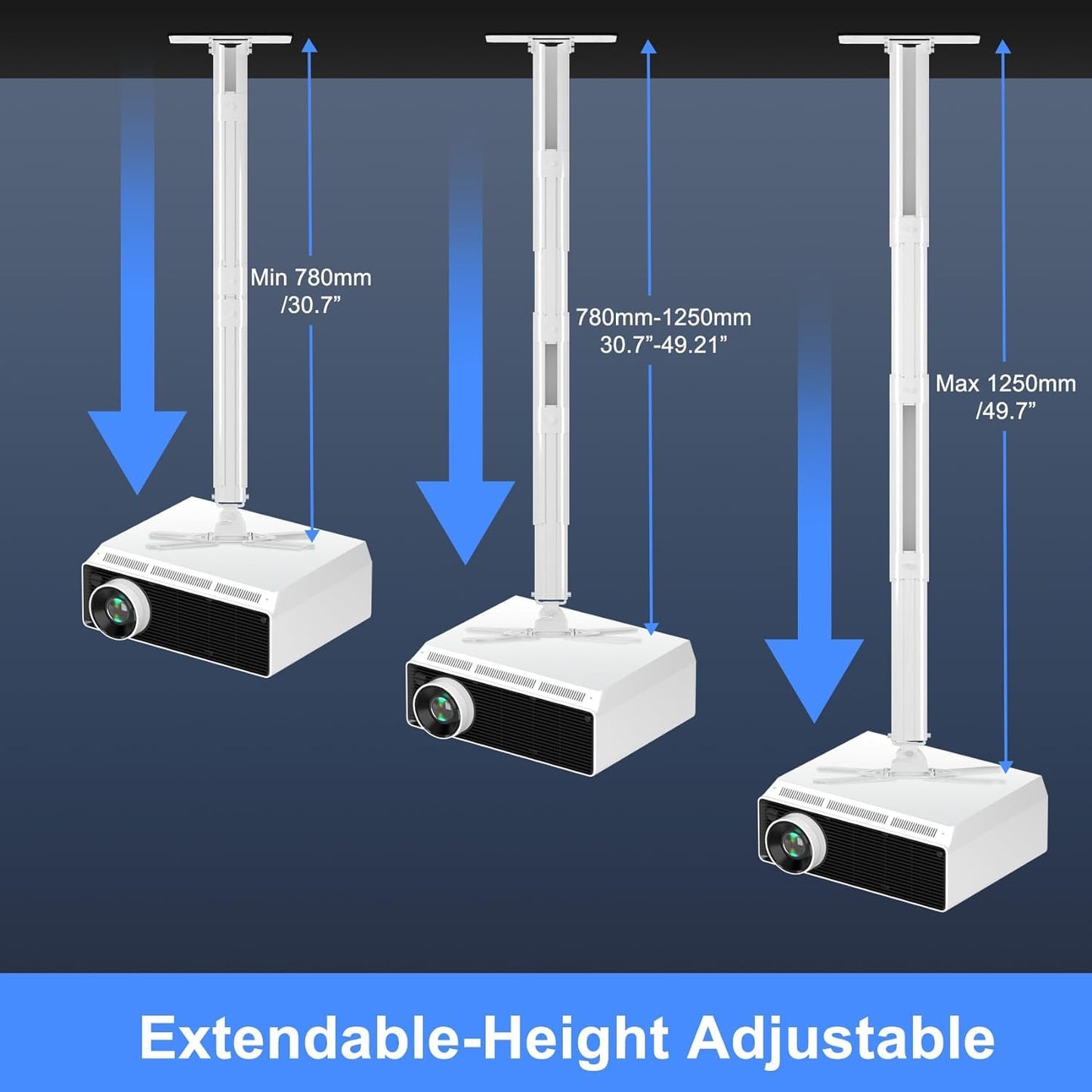 suptek White Projector Ceiling Mount Bracket Fits Flat or Sloped Ceiling Height Adjustable with Extendable Length for LCD/DLP Projectors (PR05)
