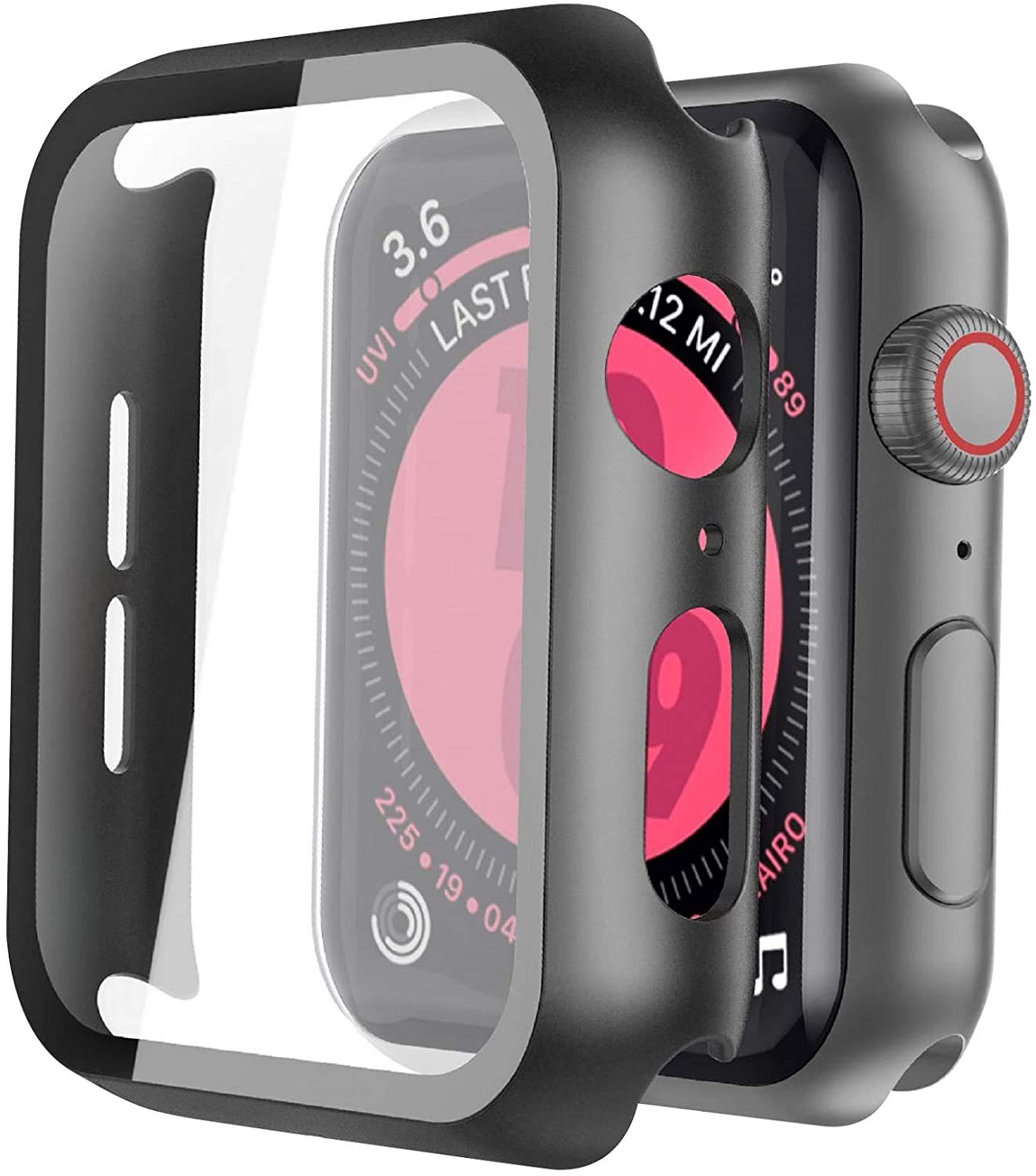 2Pack Black Hard Case (Apple Watch SE 2 (2024) SE Series 6 Series 5 Series 4)with HD Tempered Glass Screen Protector