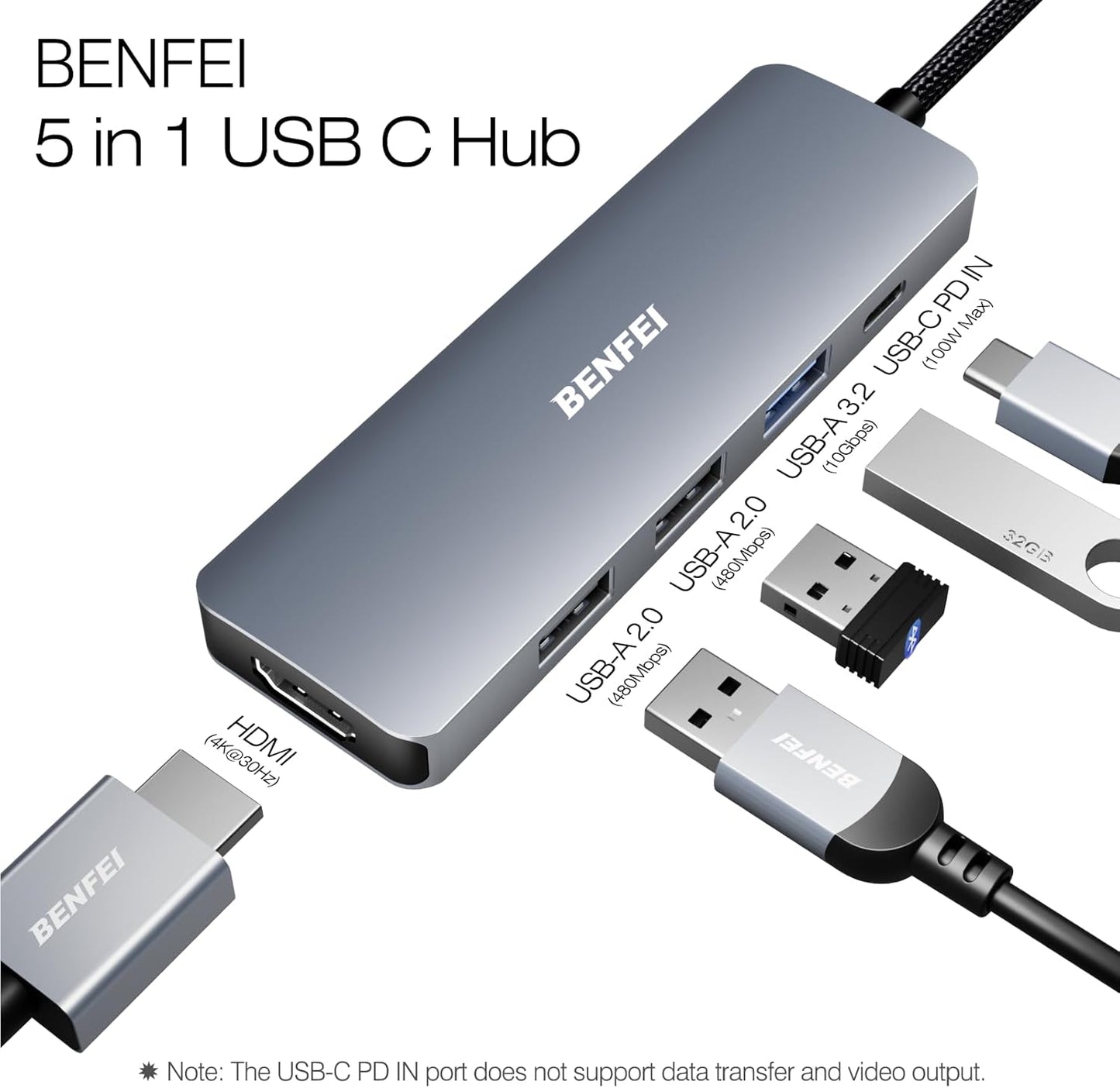 BENFEI 5in1 USB C Hub with 4K HDMI, 3 USB-A, 100W Power Delivery, Silicone and Woven Design Cable, Aluminum Case Compatible with MacBook Pro/Air, iPad Pro, iMac, iPhone 15 Pro/Pro Max, XPS, Thinkpad