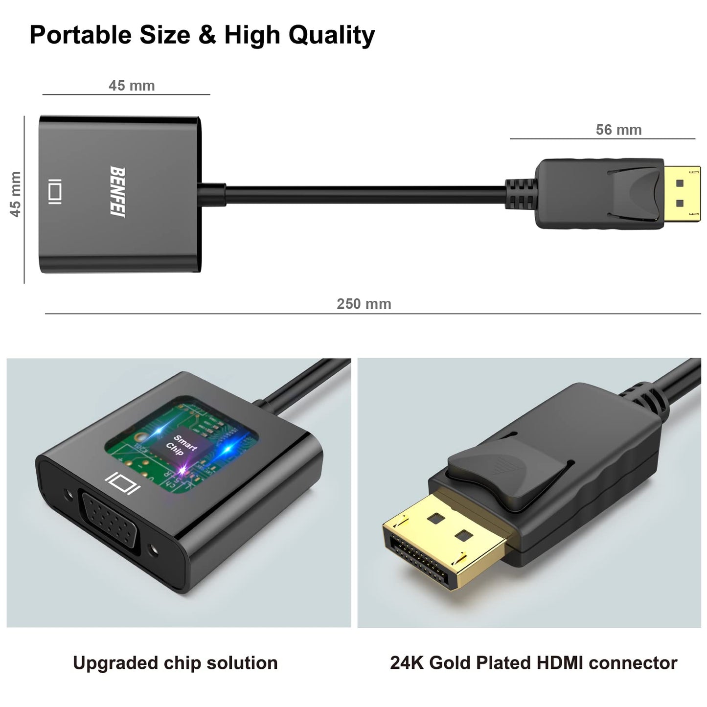DisplayPort to VGA, Benfei Gold-Plated DP to VGA Adapter (Male to Female) Compatible for Lenovo, Dell, HP, ASUS