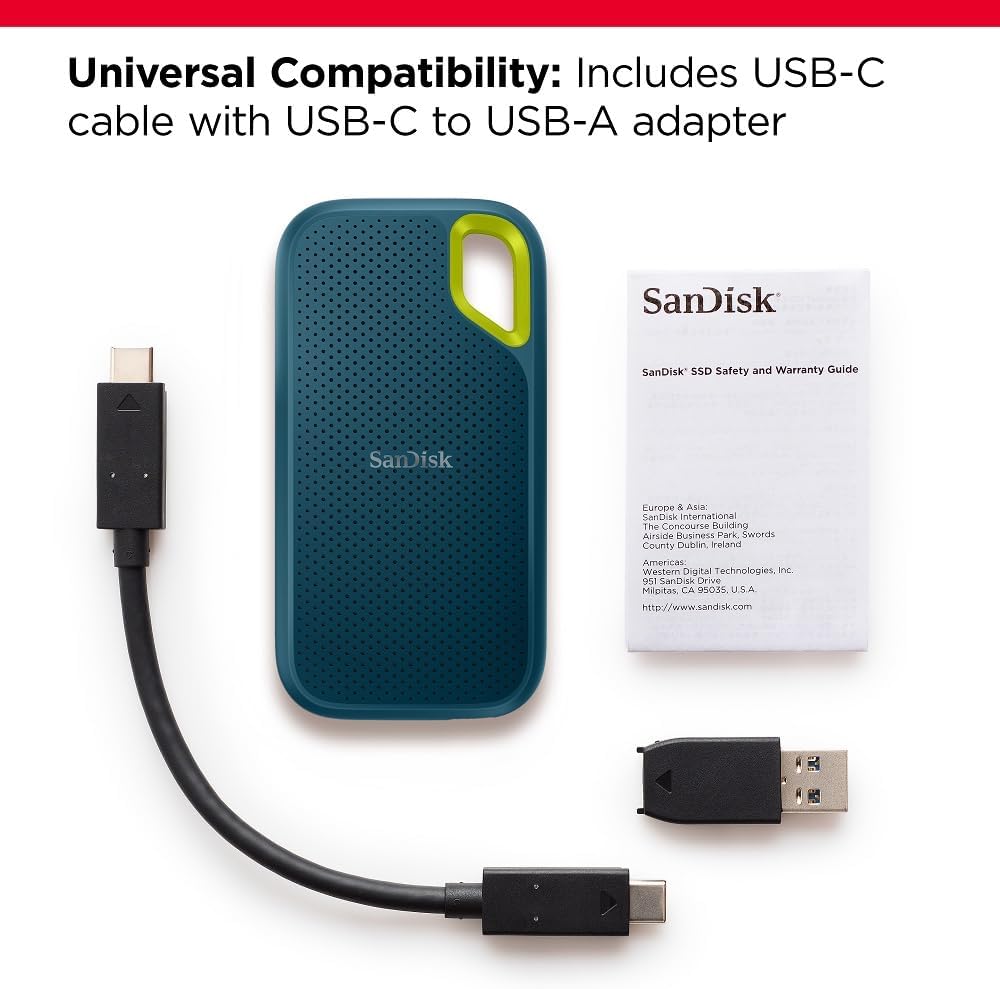 SanDisk Extreme Portable SSD - Up to 1050MB/s, USB-C, USB 3.2 Gen 2, Water and Dust Resistance