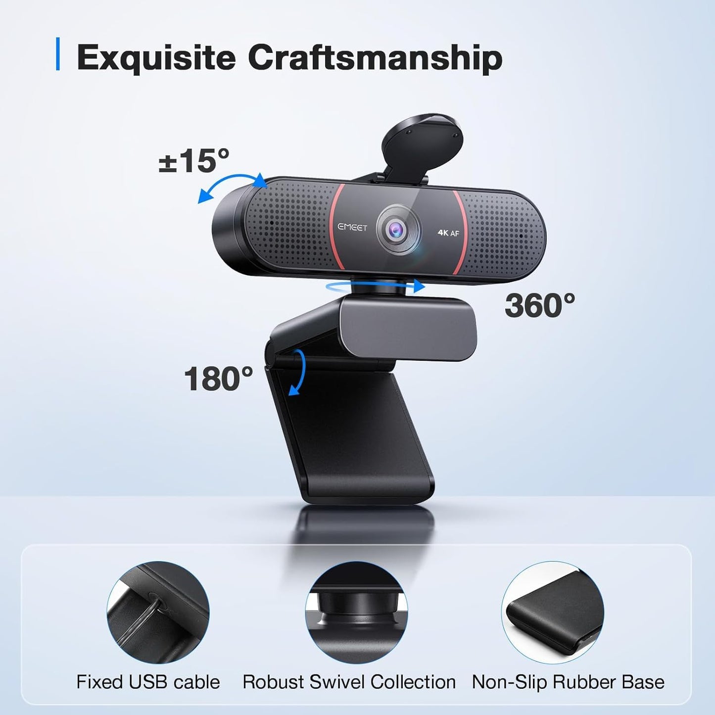 EMEET C960 4K Webcam for PC, PDAF Autofocus, Dual AI Noise-Canceling Mics, 73° FOV, Auto Light Adjustment, UHD Sensor, Plug-and-Play, Privacy Webcam Cover, Compatible with Zoom/Teams/YouTube