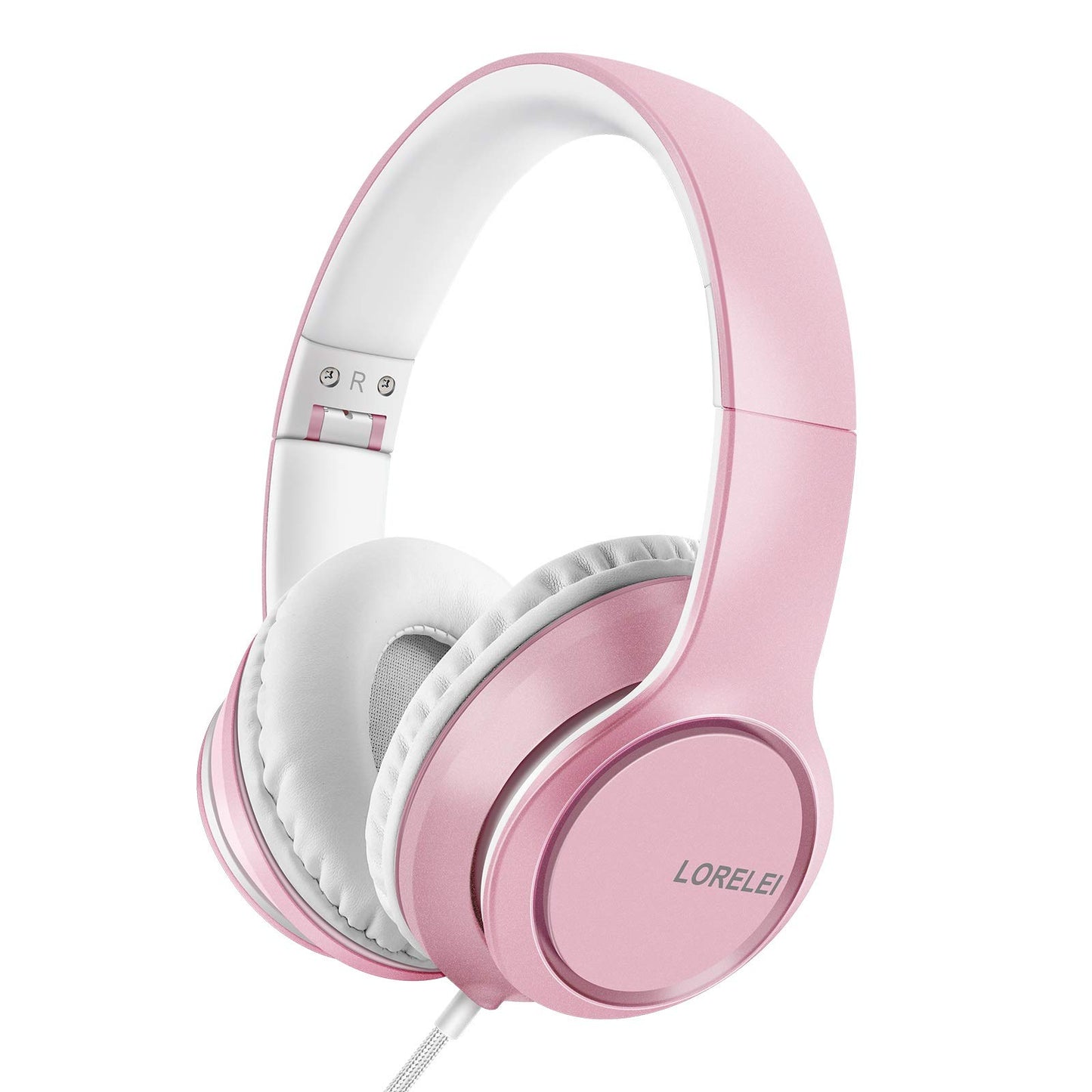 LORELEI X8 Over-Ear Wired Headphones with Microphone with 1.45m-Tangle-Free Nylon Line&3.5mm Plug,Lightweight Foldable & Portable Headphones for Smartphone,Tablet,Computer,Mp3/4(Pearl Pink)