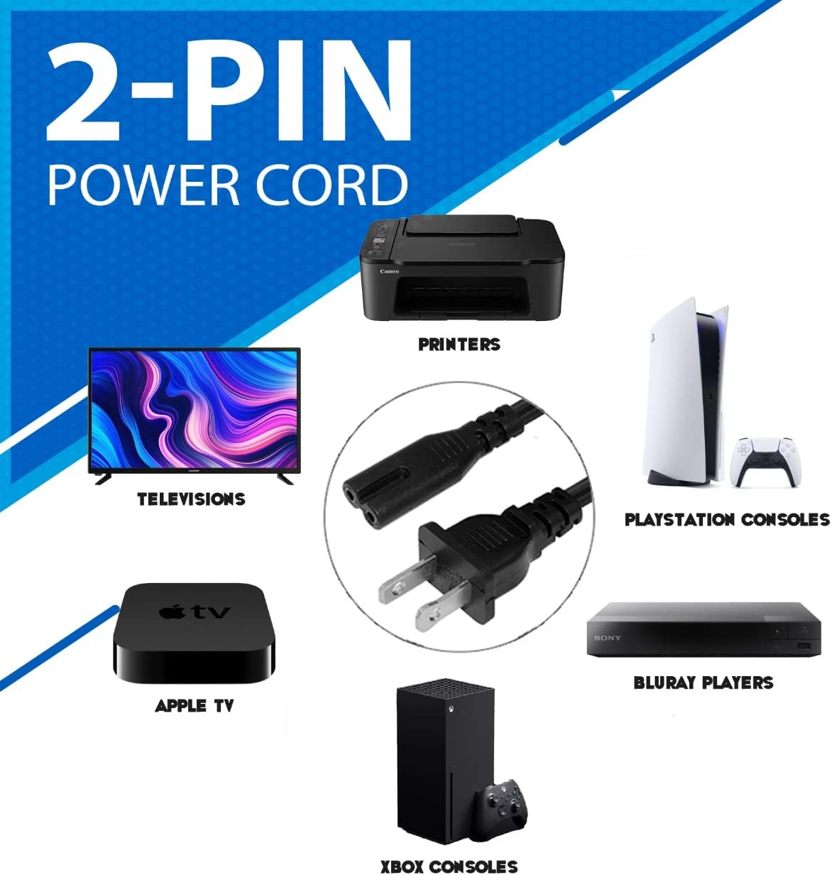 Cordon d'alimentation C8 à 2 broches CA de 1,5 m standard à 2 fentes pour TV, PS4, PS5, haut-parleur, moniteur, Xbox, câble d'alimentation mural de rechange, noir