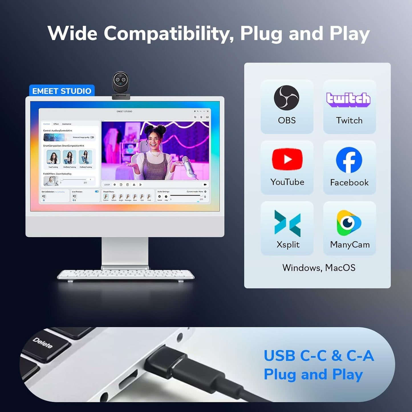 EMEET Piko+ Webcam 4K, World’s 1st Dual-Camera AI-Powered 4K Camera, 1/2.55'' Sony Sensor, 3 Mics&3 Sound Modes, Panda Magnetic Privacy Cover, USB C-C&C-A, Ideal for Livestreamers and Content Creators
