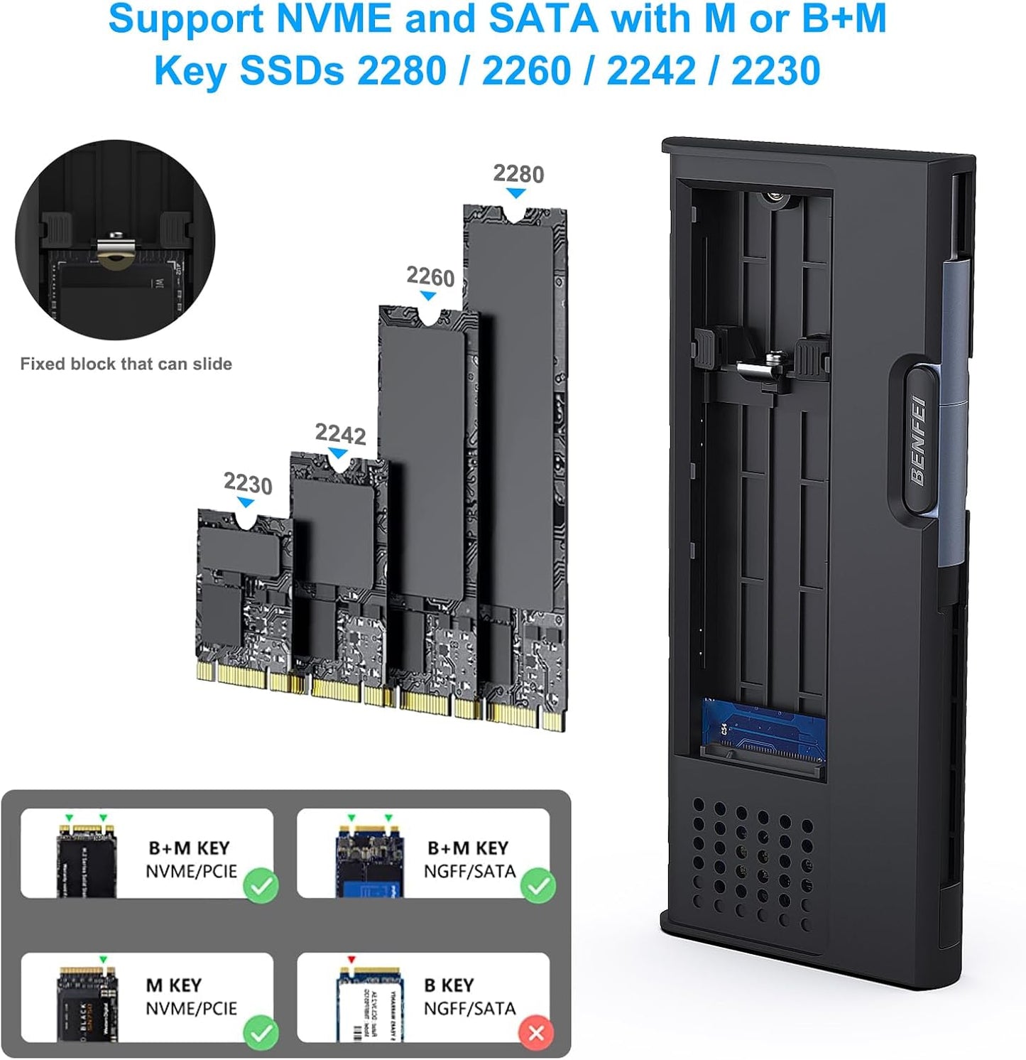 NVME Enclosure, BENFEI 10Gbps M.2 SSD Enclosure, NVME to USB Adapter Supports M and B&M Keys and Size 2230/2242 /2260/2280 SSDs
