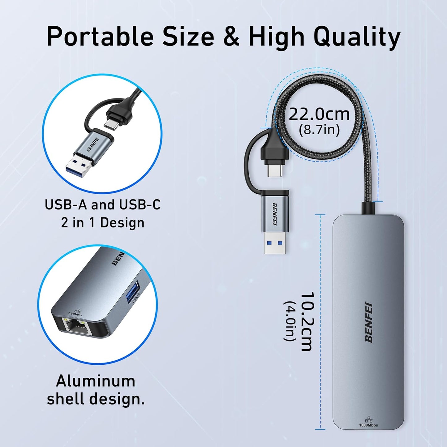 BENFEI USB-C USB 3.0 to Gigabit Ethernet Adapter, 3-Port USB 3.0 Hub with RJ45 Compatible with MacBook Pro/Air 2023, iPad Pro, iMac, S23, XPS 17, Surface Book 3 and More