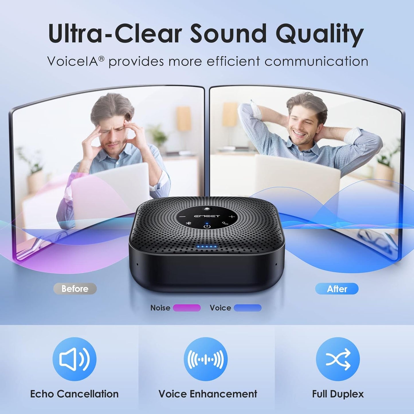 EMEET Conference Speakerphone M0 Plus, 4 AI Mics 360° Voice Pickup, Noise Reduction, USB C, Bluetooth Speakerphone for 8 People w/Daisy Chain for 16, Conference Speaker Compatible w/Leading Software