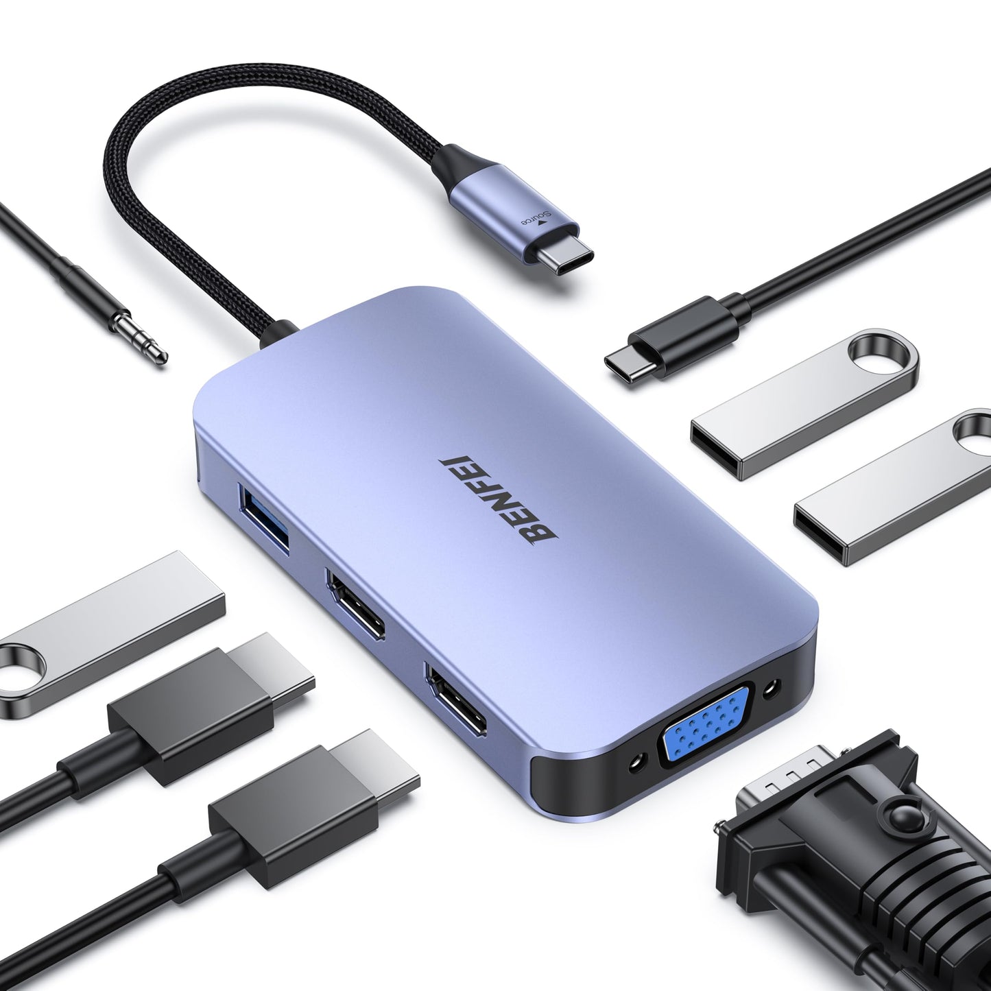 BENFEI USB C Docking Station, 8-in-1 USB C Hub with Triple Display Dual HDMI, VGA, 3*USB 3.0, 100W Power Delivery, 3.5mm AUX Audio Compatible with MacBook Pro, XPS and More