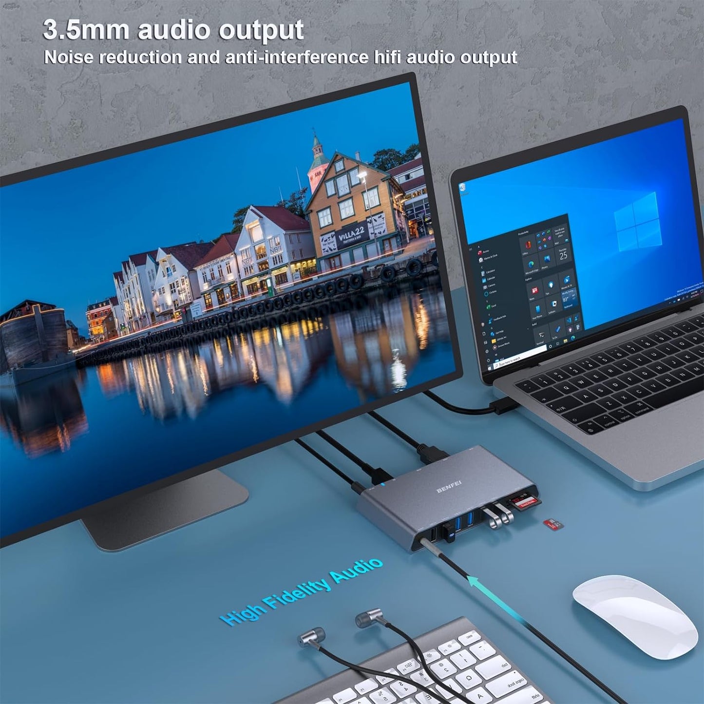 BENFEI 12-in-1 USB 3.0 Docking Station with Dual HDMI Display/6*USB Ports/SD/TF Card Reader/Gigabit Ethernet Network/3.5mm Female Headphone Jack Compatible with Windows and Mac
