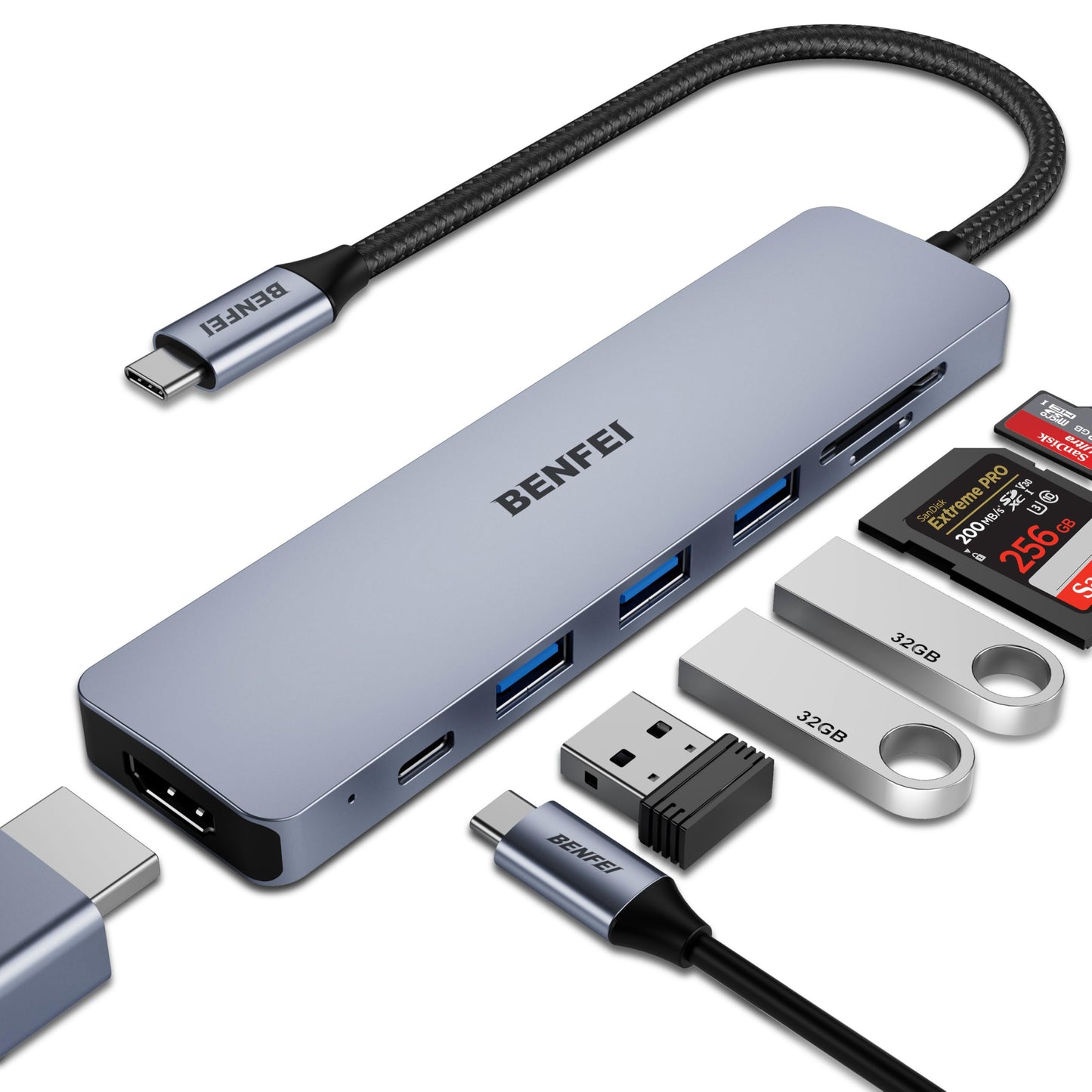 BENFEI USB C HUB 7in1, USB C HUB Multiport Adapter with USB-C to HDMI, USB-C to SD/TF Card Reader/3*USB 3.0/100W Power Delivery, Compatible with iPhone 15 Pro/Max, MacBook, iPad Pro, iMac, S23, XPS17