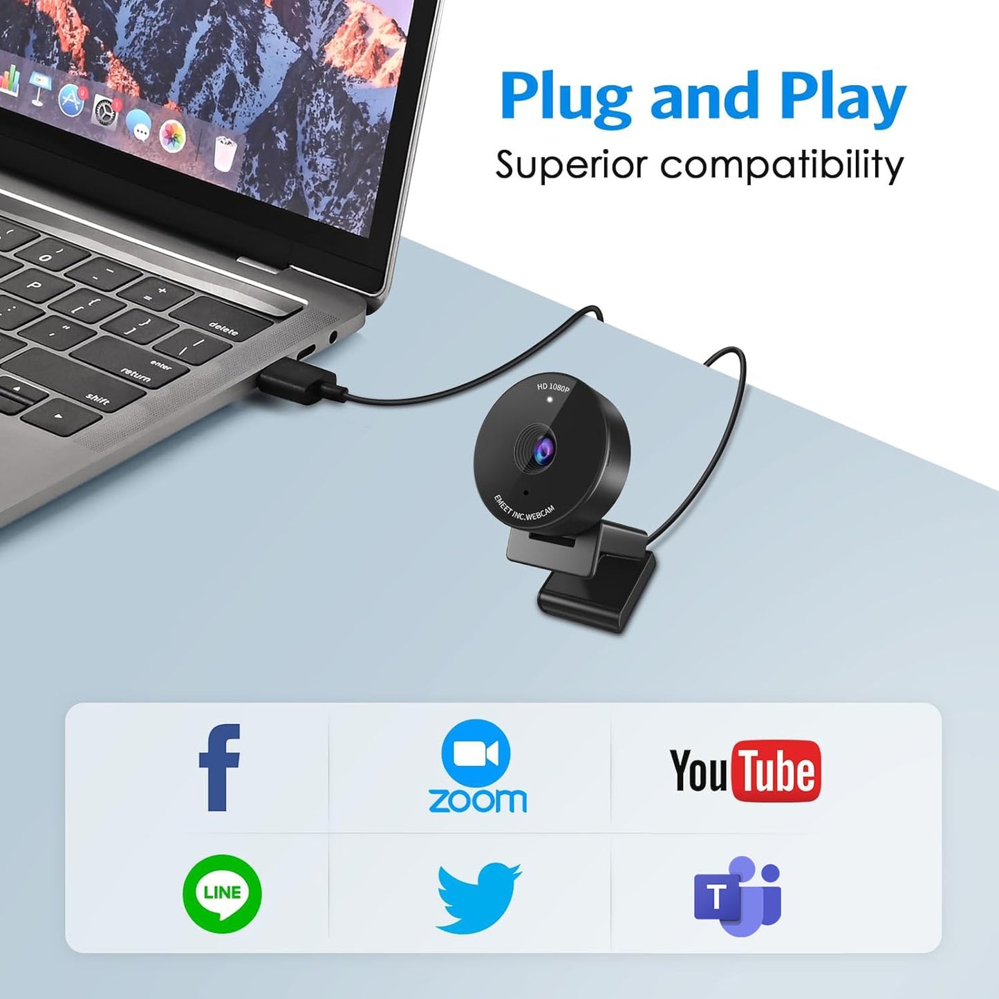 EMEET C955 Webcam for PC, 1080P Webcam with Microphone&Privacy Cover, Auto Light Correction, 70° FOV for Personal Use, Plug&Play Web Cam Protect Data, Perfect for Office Professionals&Remote Workers