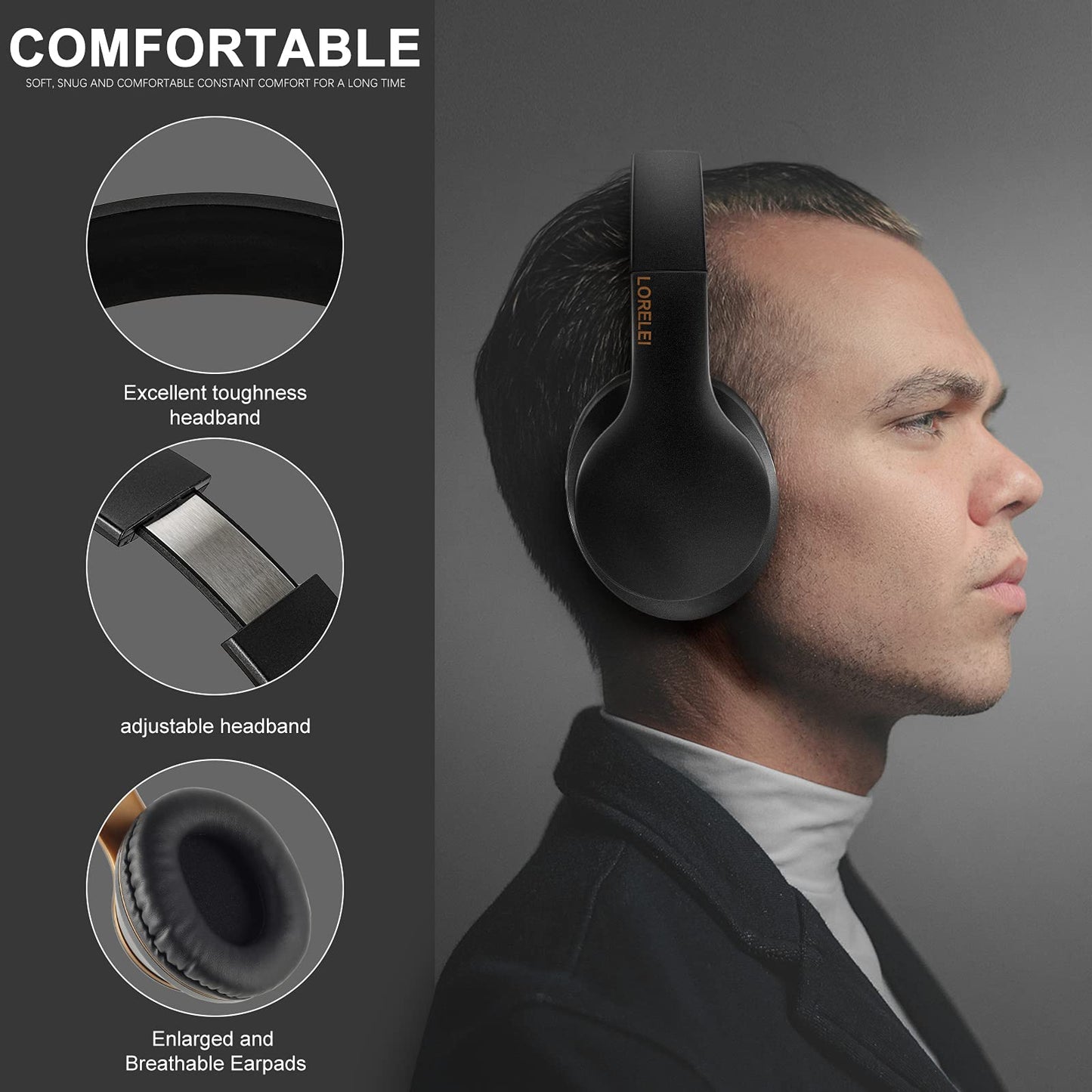 LORELEI X6 Over-Ear Headphones with Microphone, Lightweight Foldable & Portable Stereo Bass Headphones with 1.45M No-Tangle, Wired Headphones for Smartphone Tablet MP3 / 4 (Space Black)