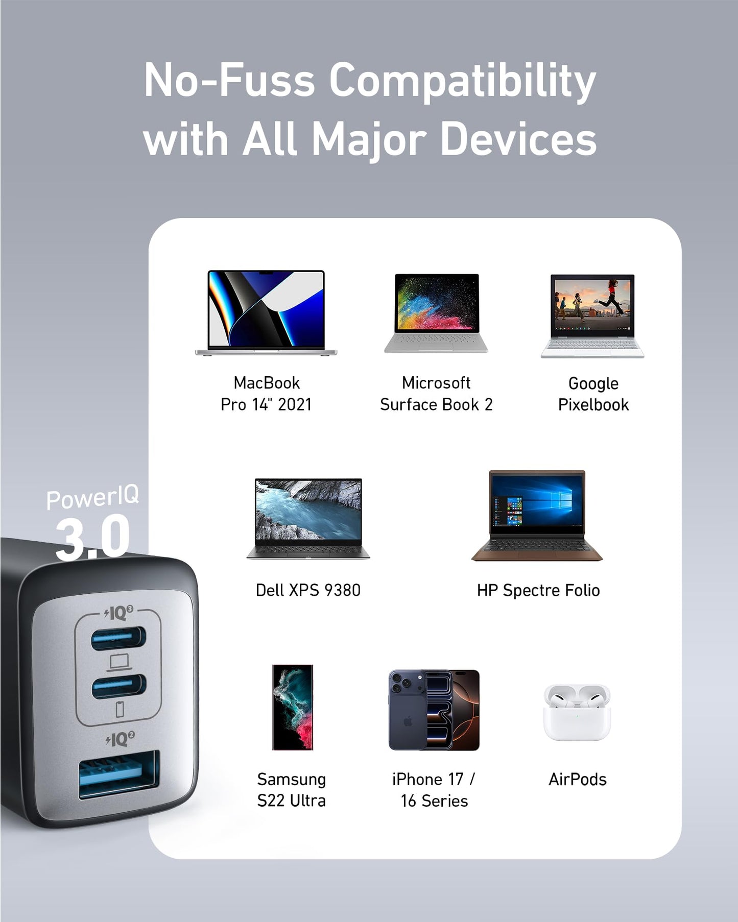 Anker USB C Charger Block (Nano II 65W), iPhone Charger 3-Port Fast Foldable, Wall Charger for iPhone 17/16/16 Pro, MacBook Pro/Air, iPad Pro, Galaxy S20, Dell XPS 13, Note 20/10+, Steam Deck, and More