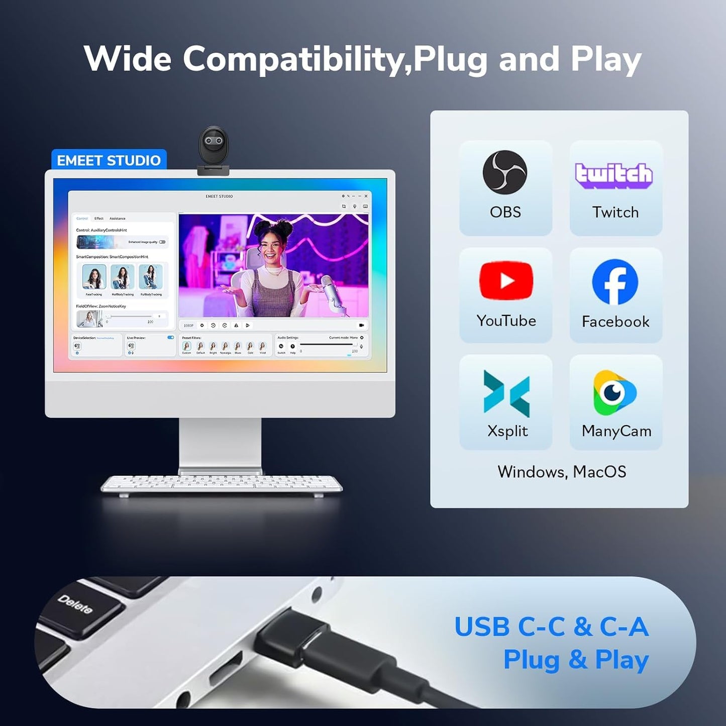 EMEET Piko+ Webcam 4K, World’s 1st Dual-Camera AI-Powered 4K Camera, 1/2.55'' Sony Sensor, 3 Mics&3 Sound Modes, Panda Magnetic Privacy Cover, USB C-C&C-A, Ideal for Livestreamers and Content Creators