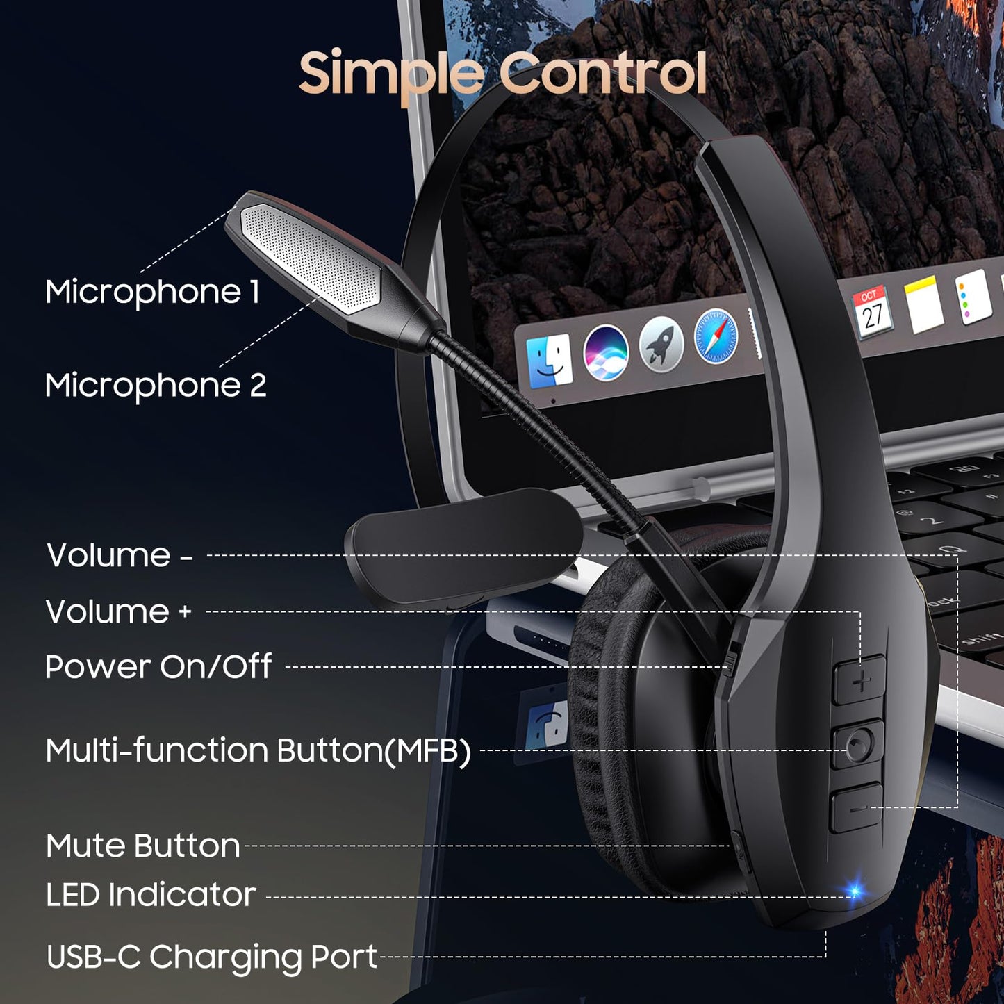 Bluetooth Headset with Microphone, Trucker Headset Bluetooth Wireless Noise Cancelling & Mute Button, 55 Hours Working Time Wireless On-Ear Headset