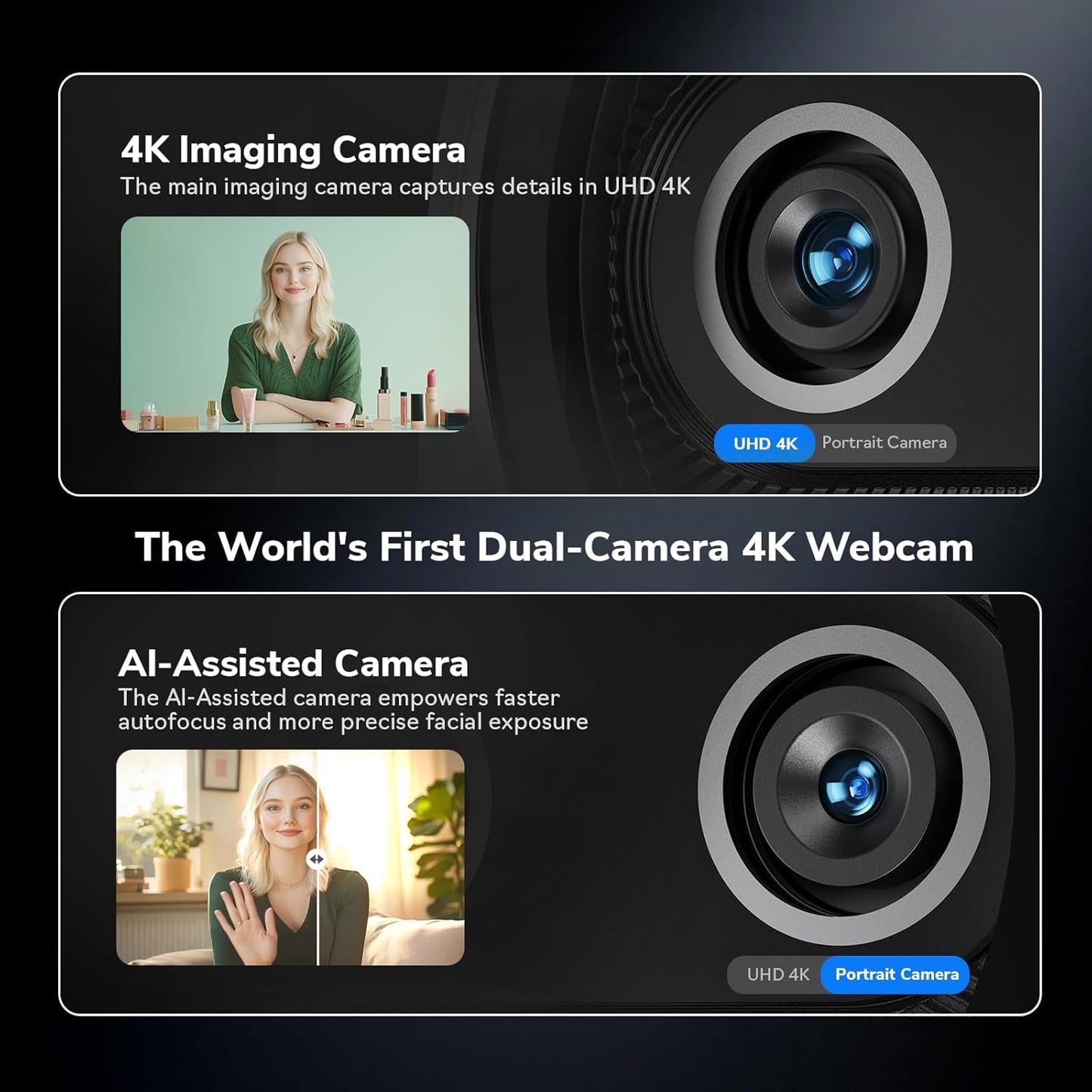 EMEET Piko+ Webcam 4K, World’s 1st Dual-Camera AI-Powered 4K Camera, 1/2.55'' Sony Sensor, 3 Mics&3 Sound Modes, Panda Magnetic Privacy Cover, USB C-C&C-A, Ideal for Livestreamers and Content Creators