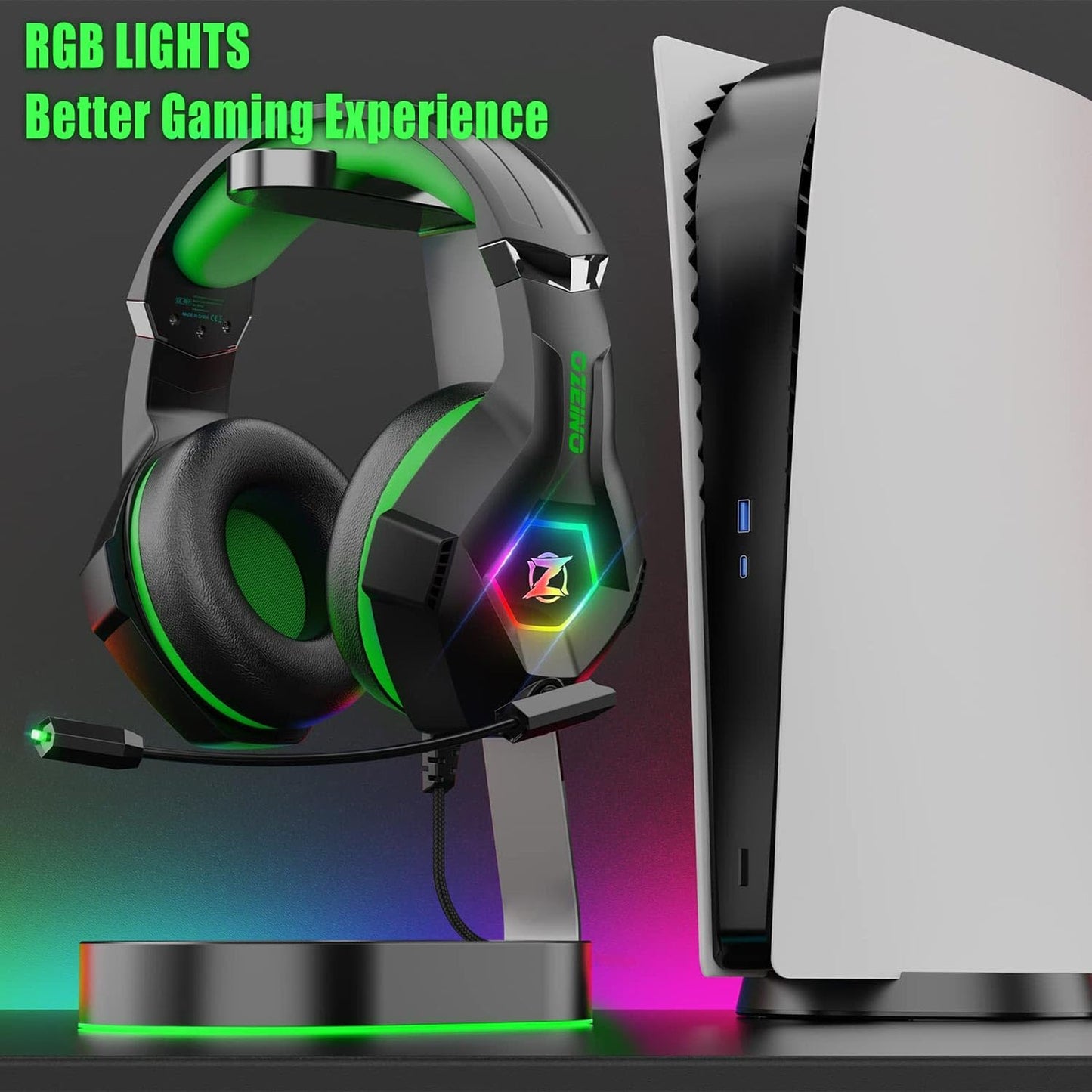 Ozeino Gaming Headset for Ps5 Ps4 PC, Over Ear Gaming Headphones with Noise Cancelling Microphone RGB Light, Deep Bass Stereo Sound Headset for Xbox Series X/S, Switch, Laptop, Mac, Phone