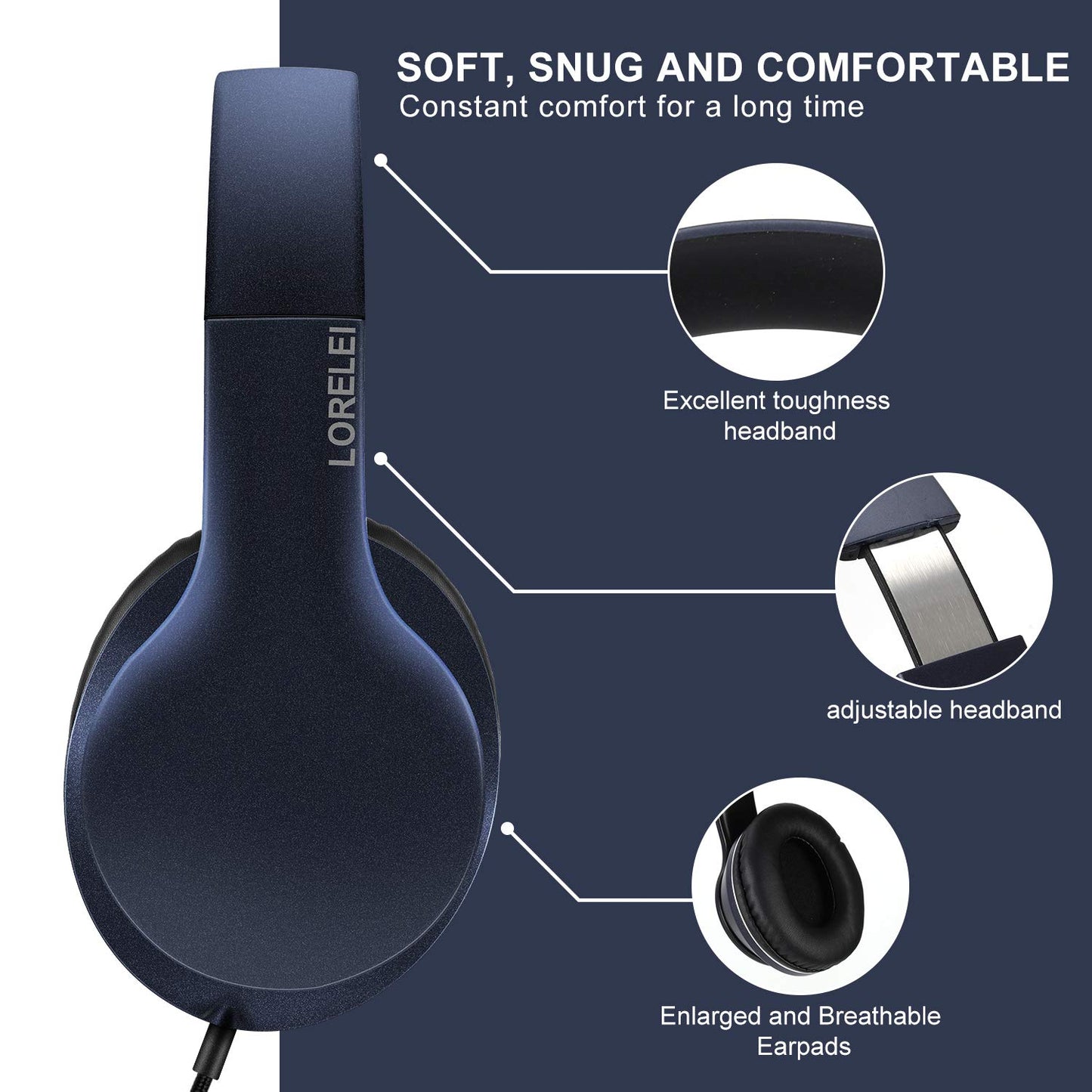 LORELEI X6 Over-Ear Headphones with Microphone, Lightweight Foldable & Portable Stereo Bass Headphones with 1.45M No-Tangle, Wired Headphones for Smartphone Tablet MP3 / 4 (Space Black)