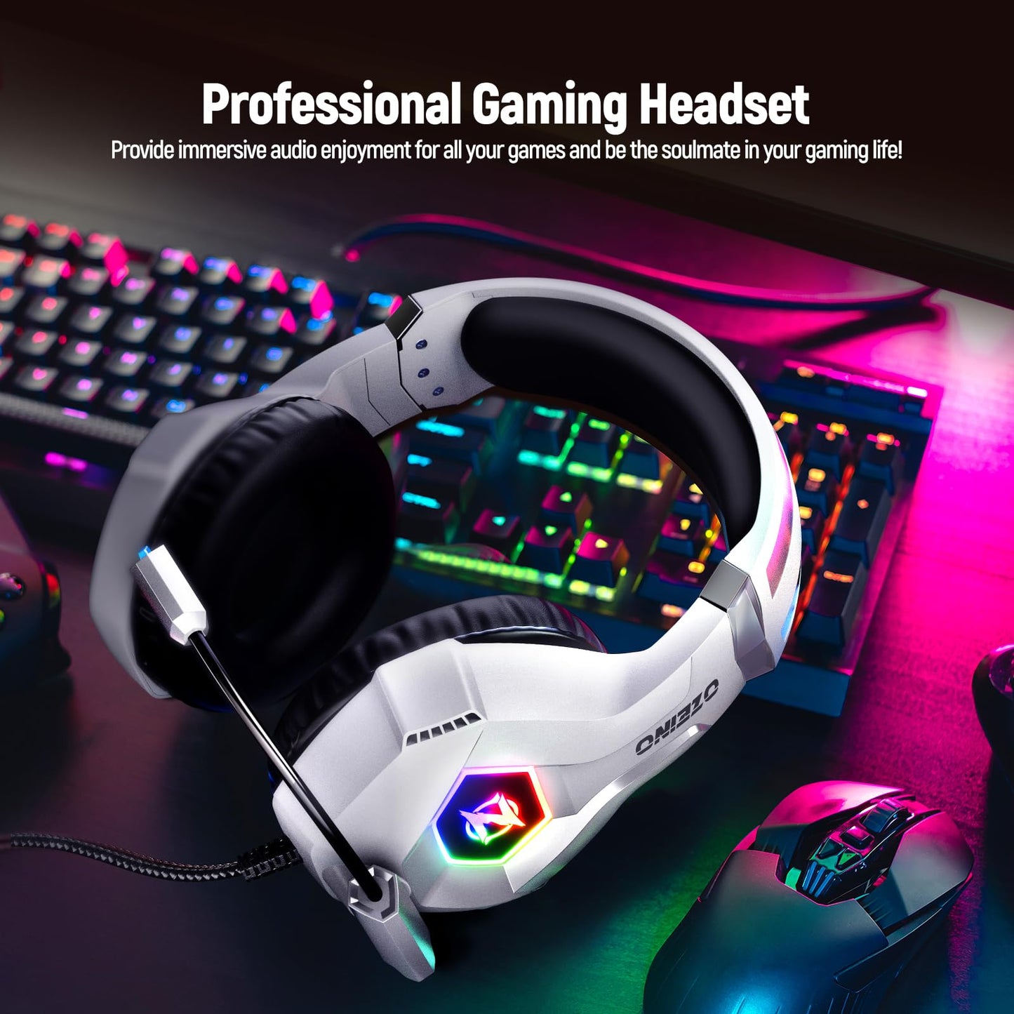Ozeino Gaming Headset for Ps5 Ps4 PC, Over Ear Gaming Headphones with Noise Cancelling Microphone RGB Light, Deep Bass Stereo Sound Headset for Xbox Series X/S, Switch, Laptop, Mac, Phone