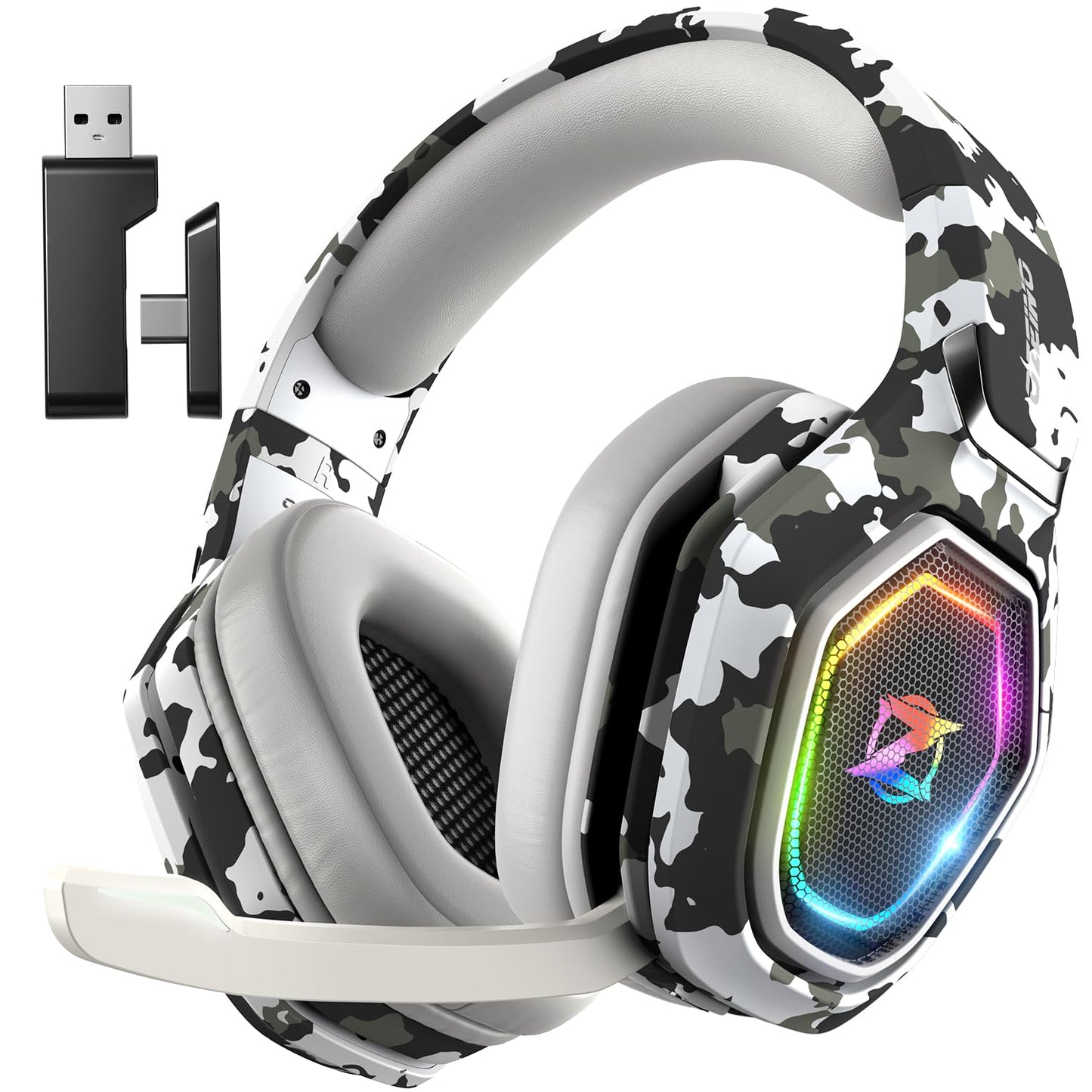 Ozeino Wireless Gaming Headset for Ps5, Ps4, Switch, Ultra Stable 2.4GHz USB & Type-C, Bluetooth 5.3 Gaming Headphones with Flip Mic, 40+Hr Battery Gamer Headset for PC, Laptop, Mobile, Mac(White)