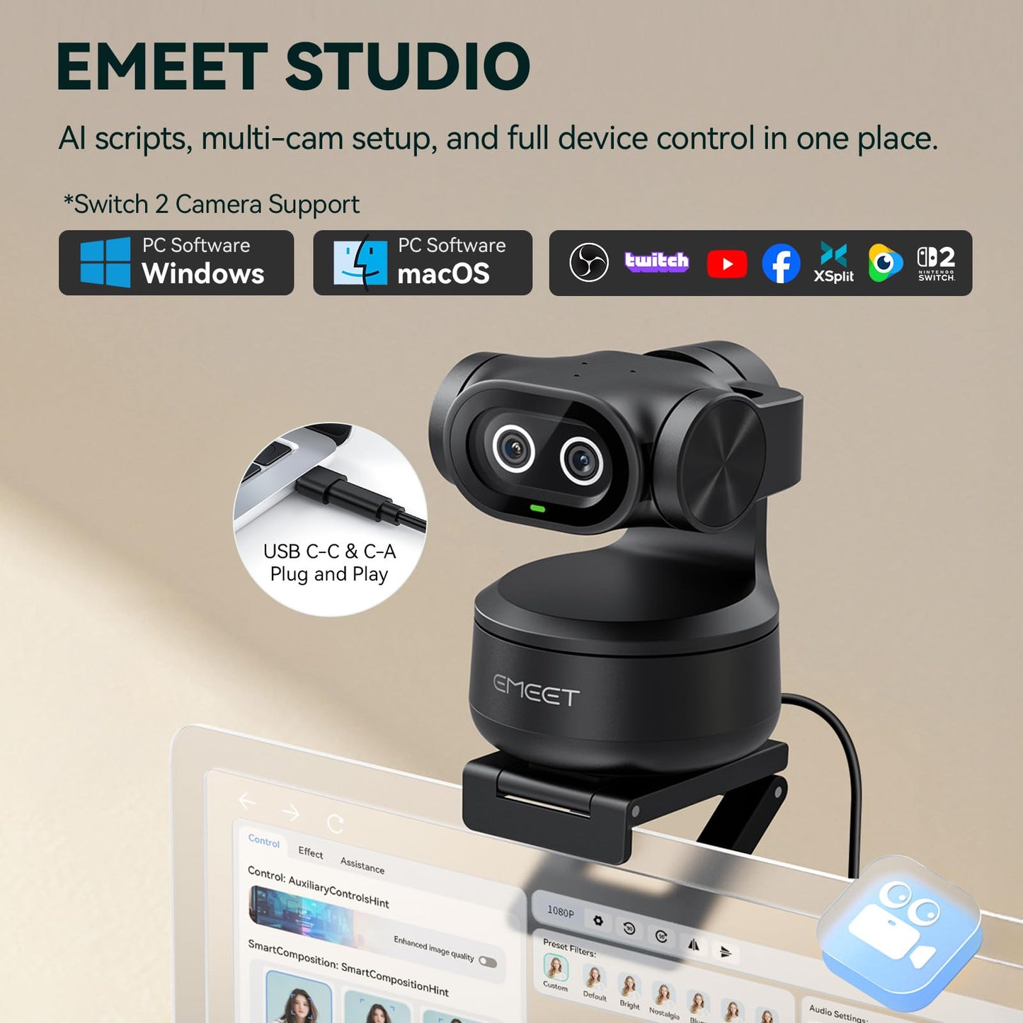 EMEET Piko+ Webcam 4K, World’s 1st Dual-Camera AI-Powered 4K Camera, 1/2.55'' Sony Sensor, 3 Mics&3 Sound Modes, Panda Magnetic Privacy Cover, USB C-C&C-A, Ideal for Livestreamers and Content Creators
